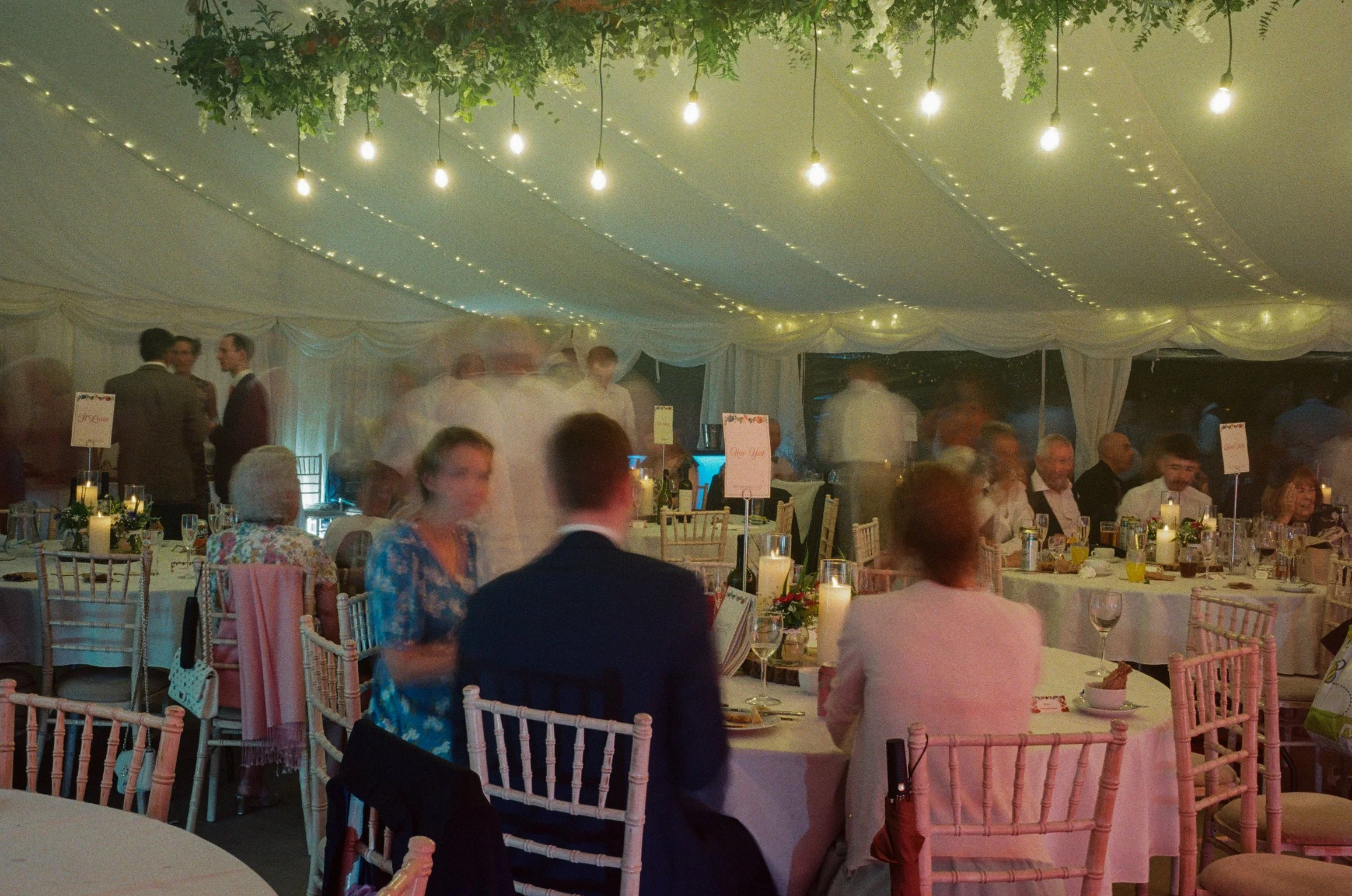 A wedding reception with guests seated at decorated tables, a ceiling with hanging lights and green foliage, and a few people standing and conversing.