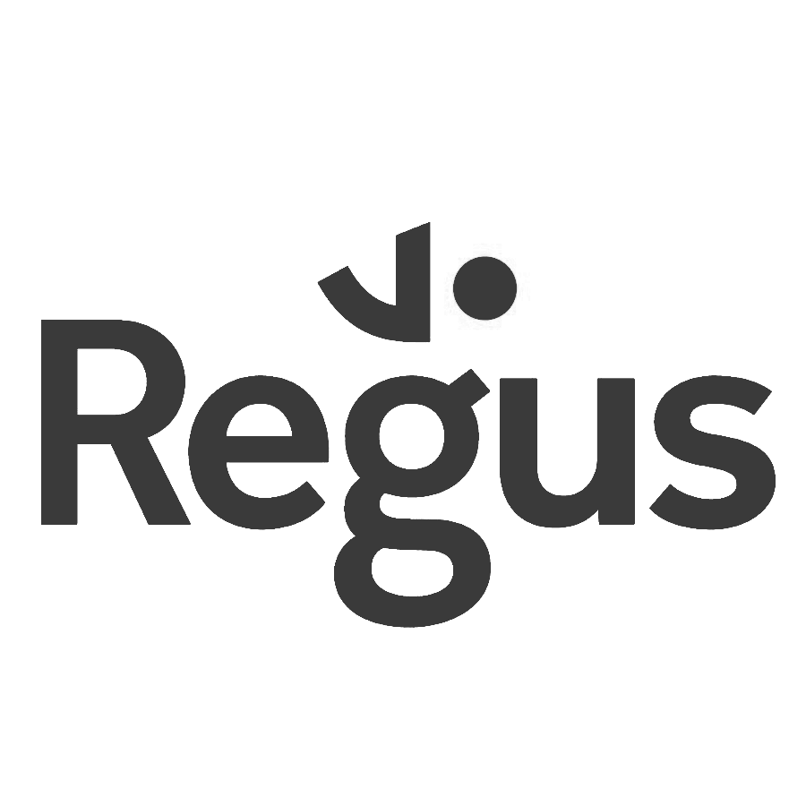 The Regus logo in black, featuring the word "Regus" with a stylized dot or asterisk above the letter 'u'.