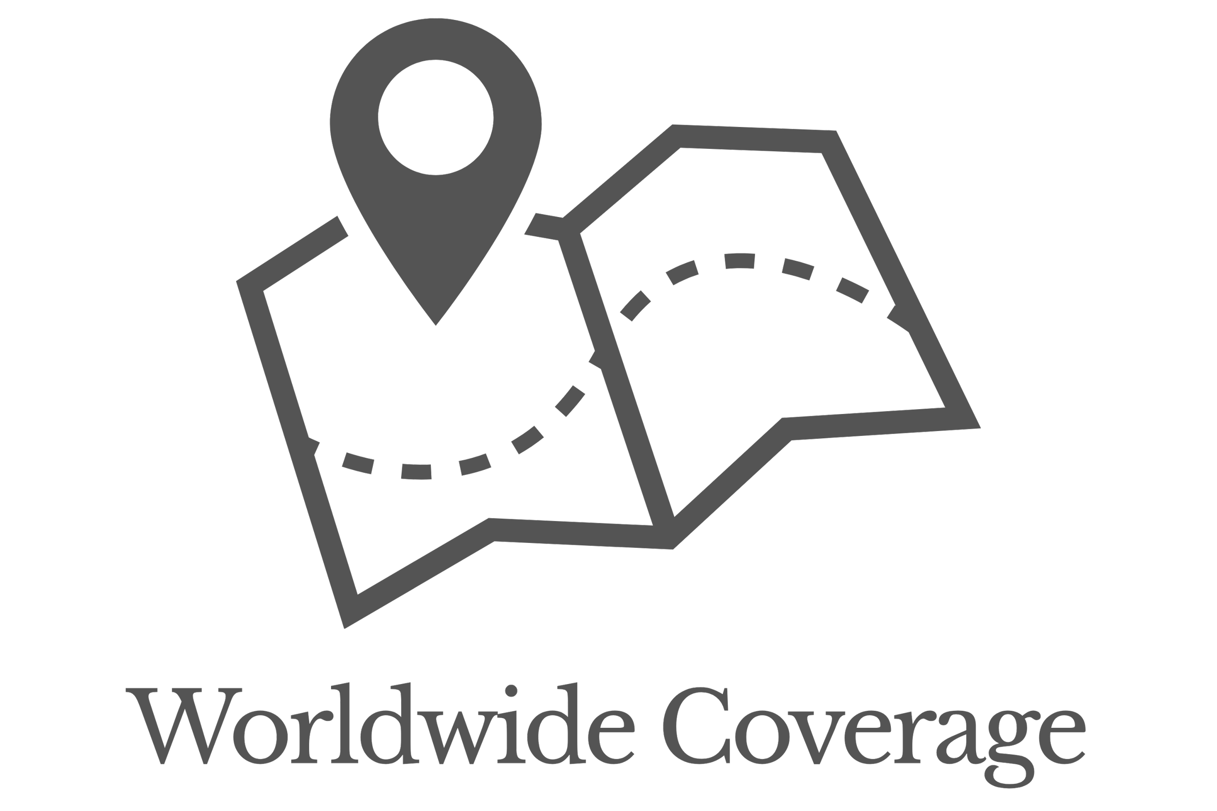 Logo of Worldwide Coverage with a map marker and dotted road illustration.