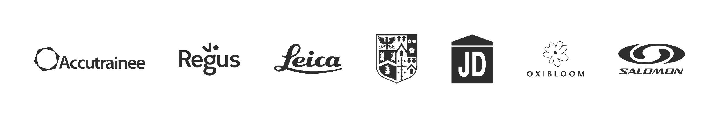 Brand logos: Accutrainee, Régus, Leica, a coat of arms, JD, Oxbloom, Salomon.