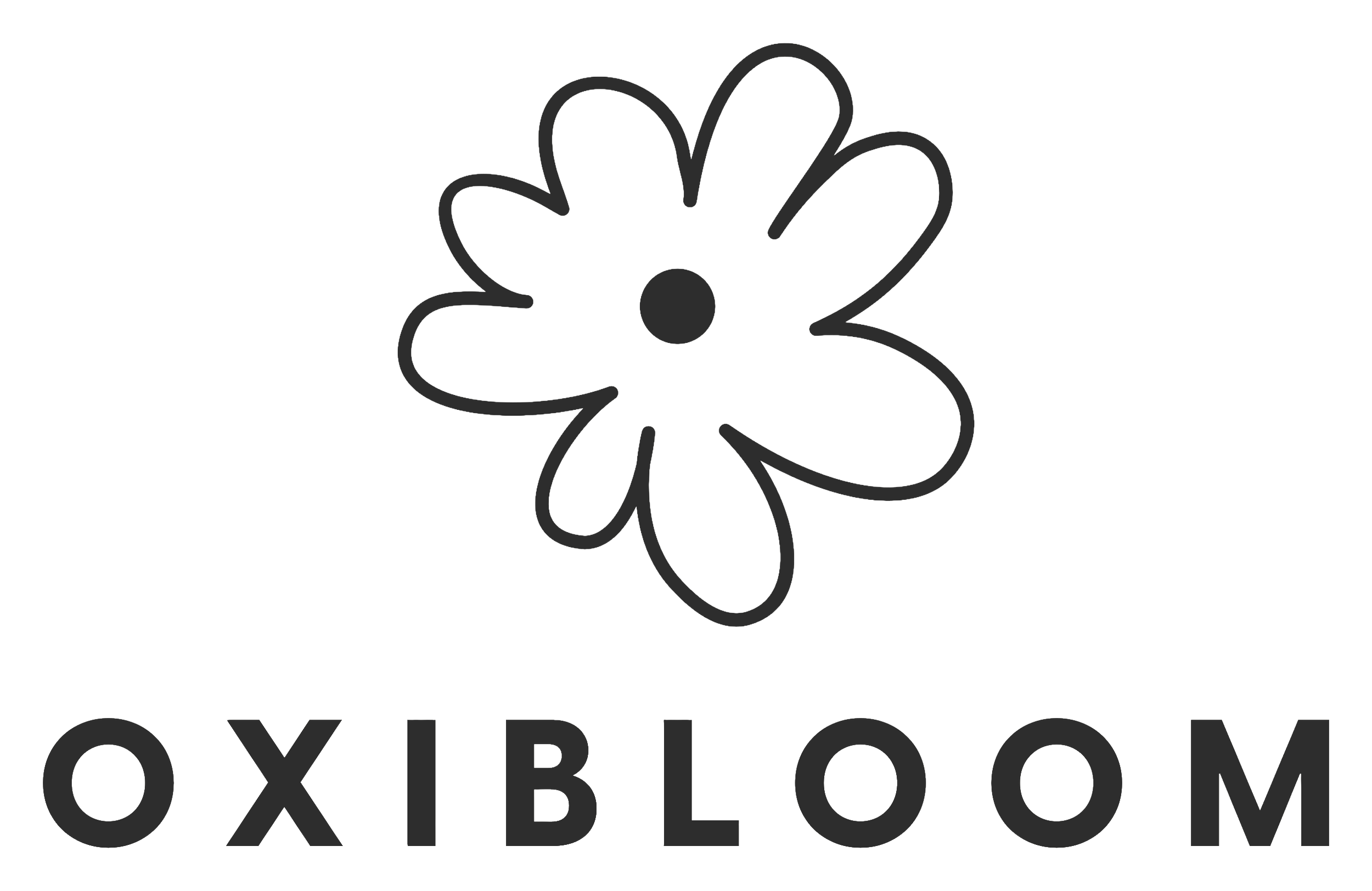Black background with a silver outline flower with a black center, above the word 'OXYBLOOM' in silver capital letters.