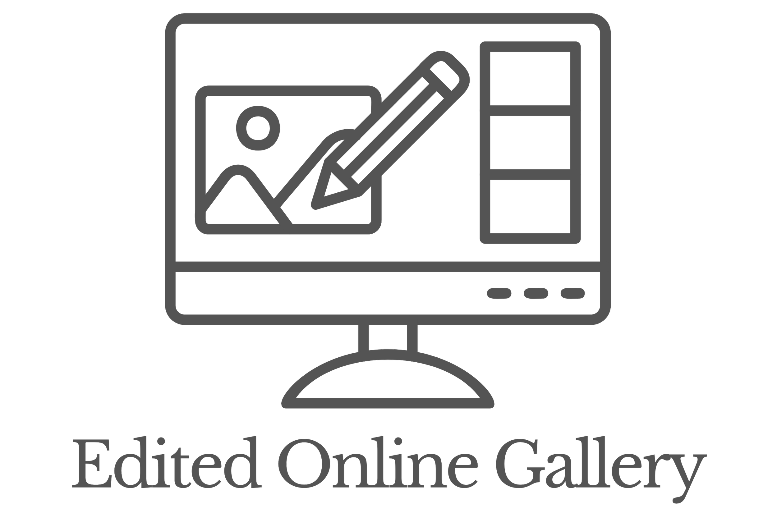 Outline of a computer monitor with a paint palette and pencil icons on the screen, and the text 'Edited Online Gallery' below.