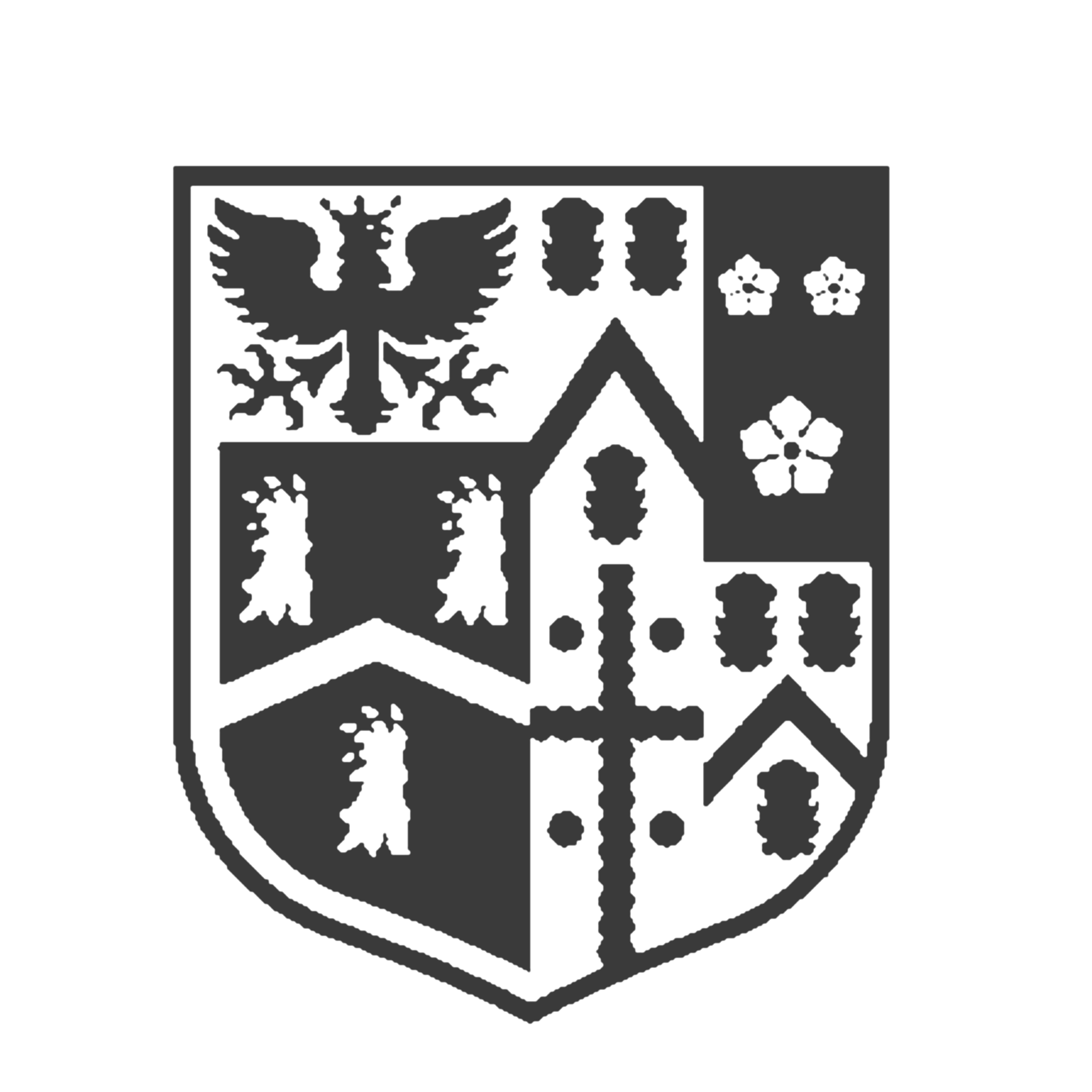A black and white illustration of a coat of arms featuring an eagle with outstretched wings on top and a shield below with various heraldic symbols.