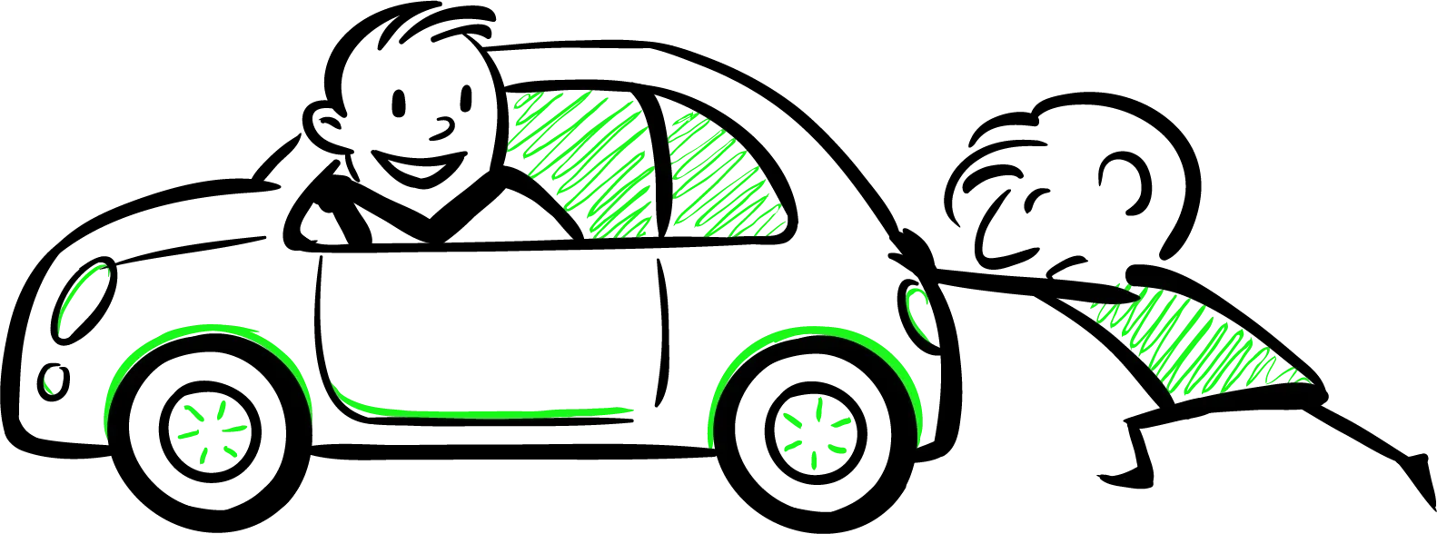 Zwei Personen in einem Auto, die jemandem das Trinken anbieten, während sie auf einer Straße unterwegs sind.