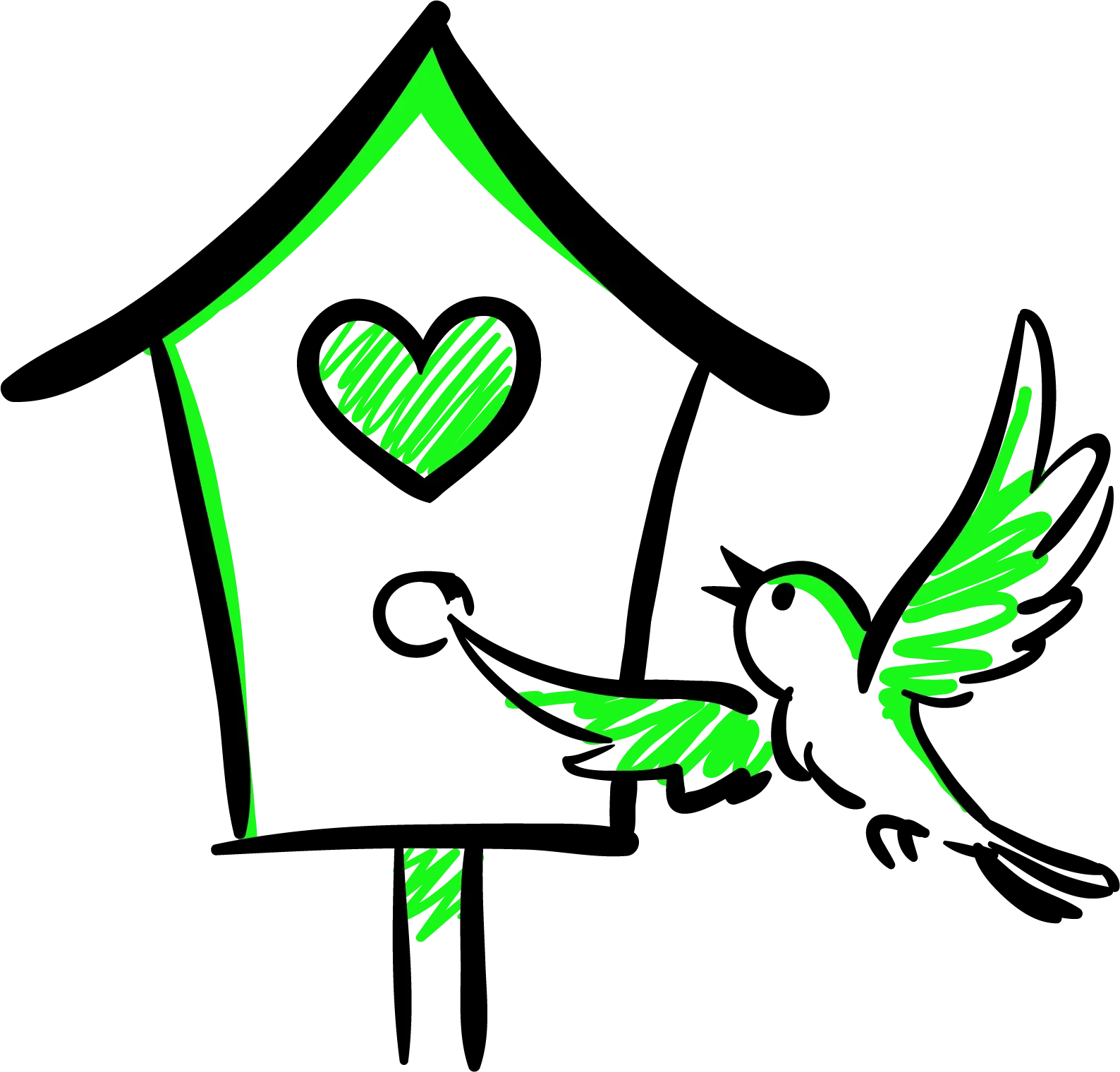 Zeichnung eines stilisierten Vogels, der eine kleine Hütte mit grünem Dach hält, einen grünen Zweig in der Hand hat und einen grünen gefiederten Schwanz trägt.