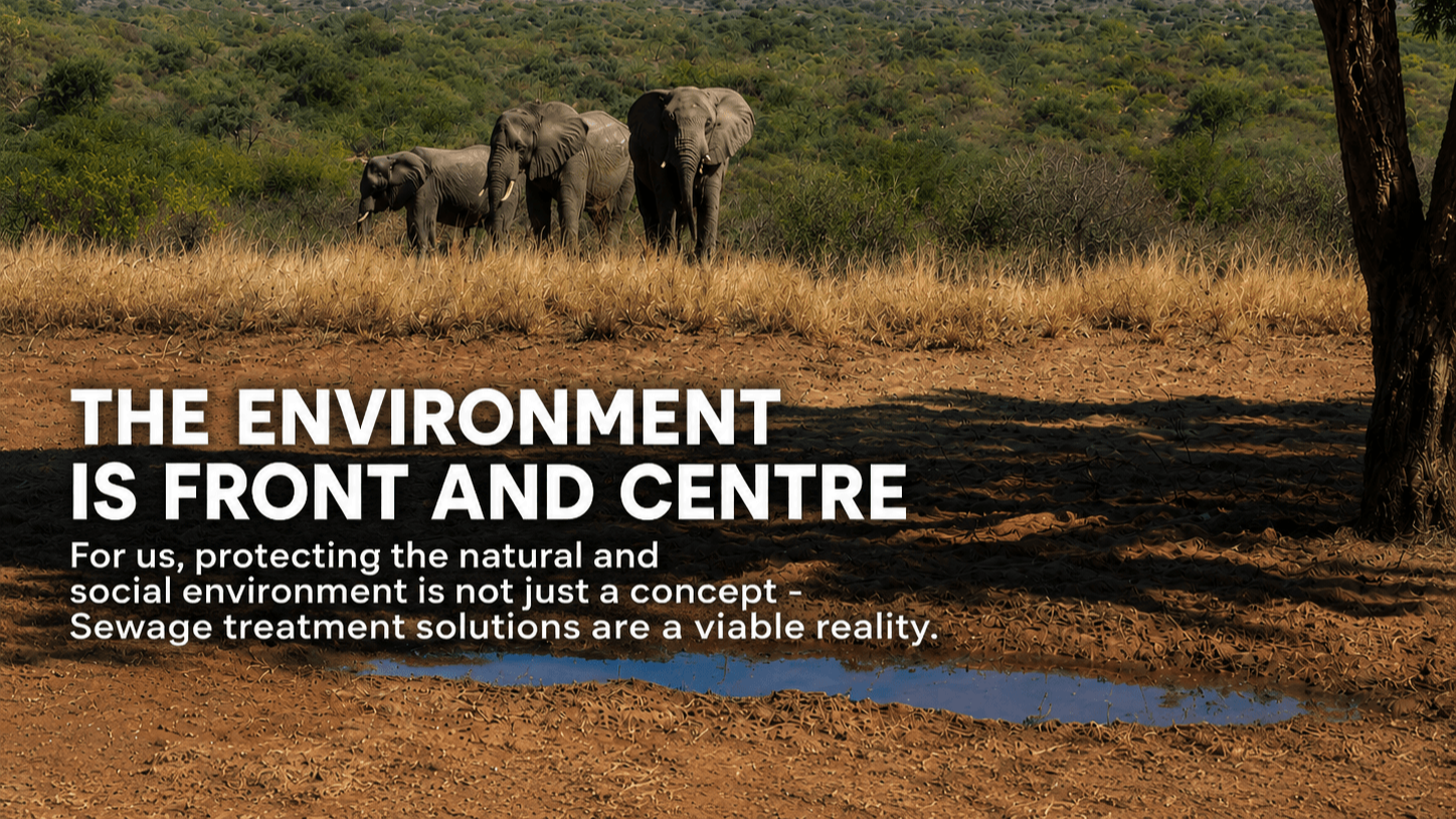 An image of three elephants walking across a dry landscape with a tree on the right and green foliage in the background, overlaid with white text about environmental protection and sewage treatment solutions.