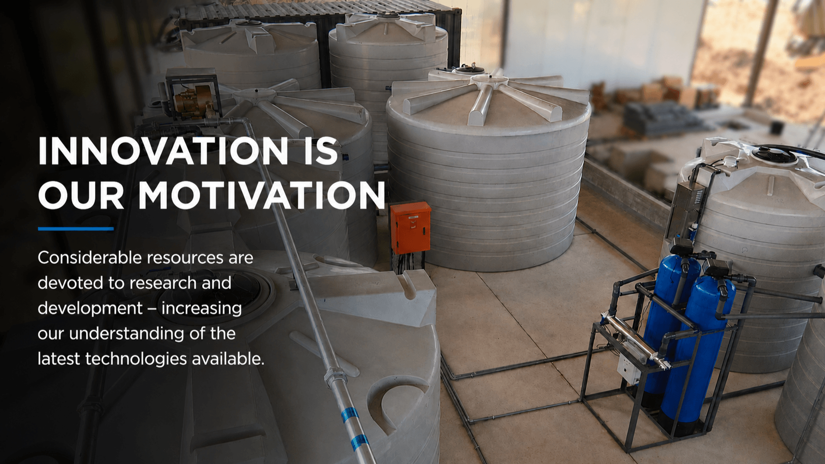 Industrial water tanks and filtration equipment in a research facility with overlaid text about innovation and resource development.