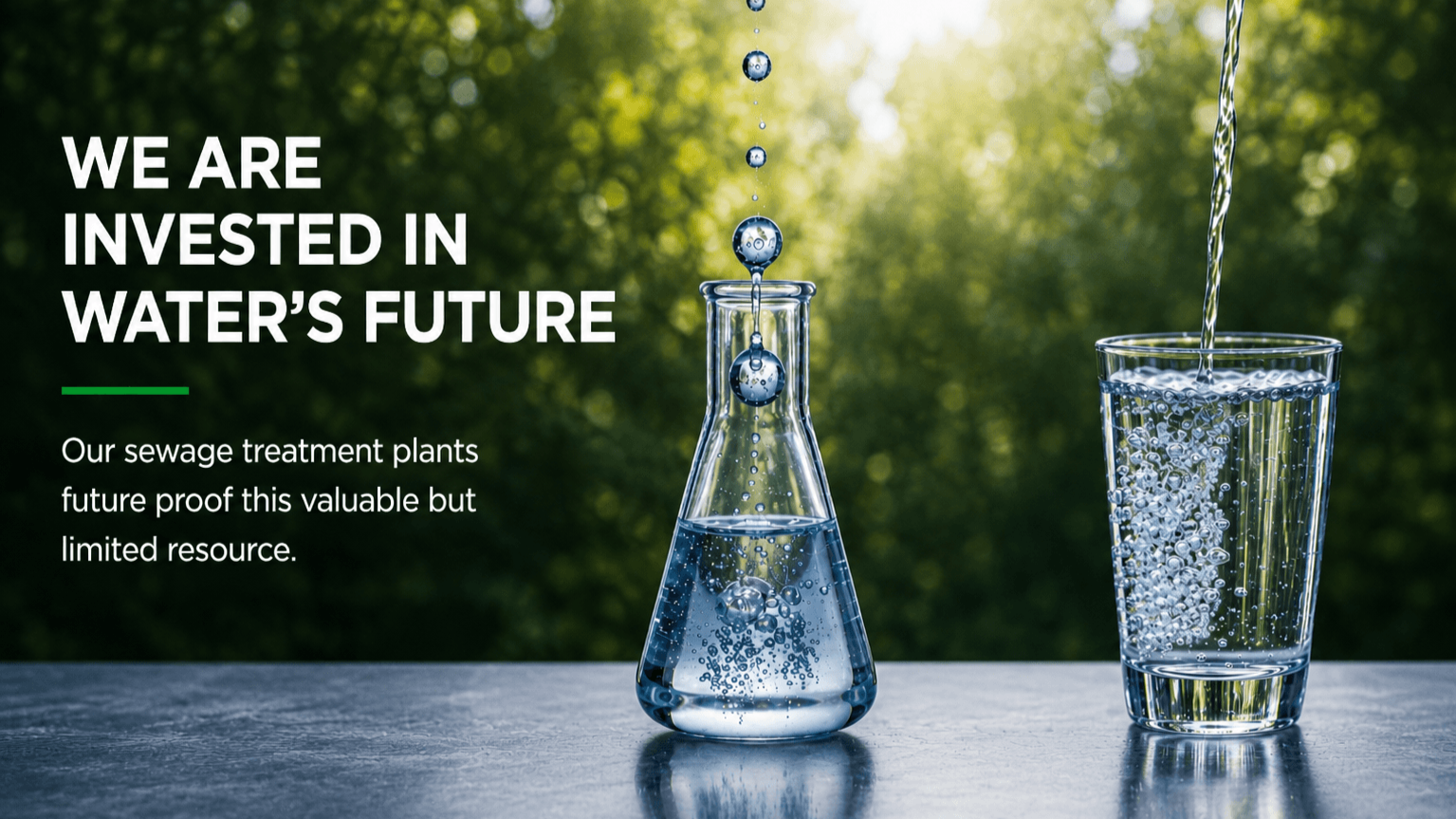 A laboratory beaker and a glass, both filled with water, with water being poured into the glass outdoors against a blurred green tree background.