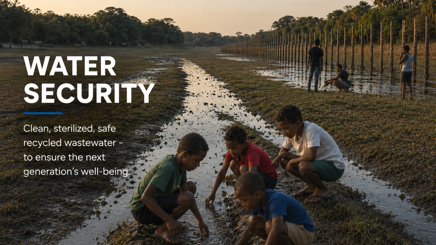 Children and adults in a field of shallow water and mud with trees in the background, some people are standing and some are squatting, engaged in water-related activity during sunset.