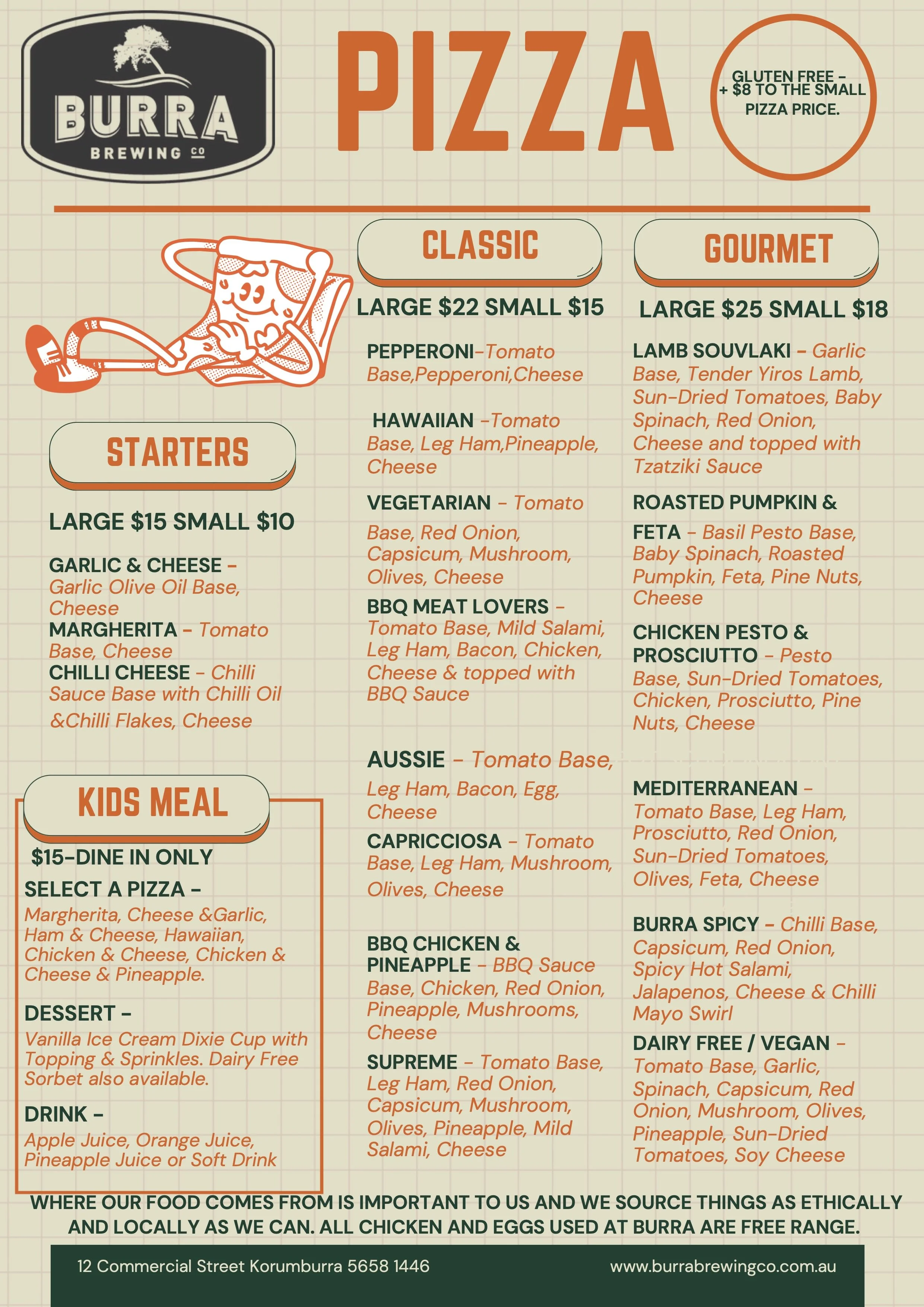 Restaurant menu for Burrara Brewing Co. featuring pizza options with prices, sizes, and ingredients detailed for classic and gourmet options, along with starters, kids meal, desserts, drinks, and information about food sourcing.