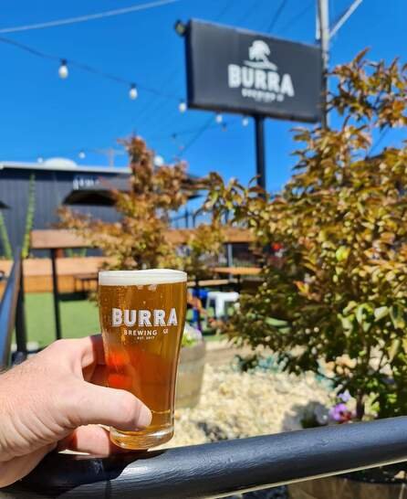 A hand holding a glass of beer with the logo 'Burra Brewing Co.' in front of an outdoor patio area with plants, string lights, and a sign reading 'Burra Brewing Co.' against a bright blue sky.