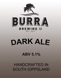 Label for Burra Brewing Co.'s Dark Ale with ABV 5.1%, handcrafted in South Gippsland, established 2017.