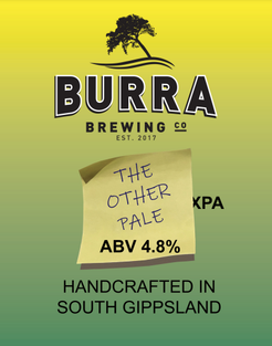 Beer label for Burra Brewing Co. with a yellow-green background, featuring a tree logo, and a note saying 'The Other Pale' with 4.8% alcohol