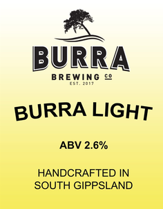 Label for Burra Light beer by Burra Brewing Co., established 2017, brewed in South Gippsland, with an ABV of 2.6%, featuring a tree graphic at the top.