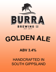 Label for Burra Brewing Co.'s Golden Ale with a tree logo, featuring ABV 3.4%, handcrafted in South Gippsland.