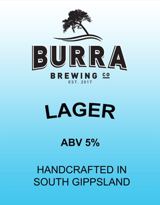 Burra Brewing Co Lager beer label with a tree logo, ABV 5%, handcrafted in South Gippsland, established in 2017.