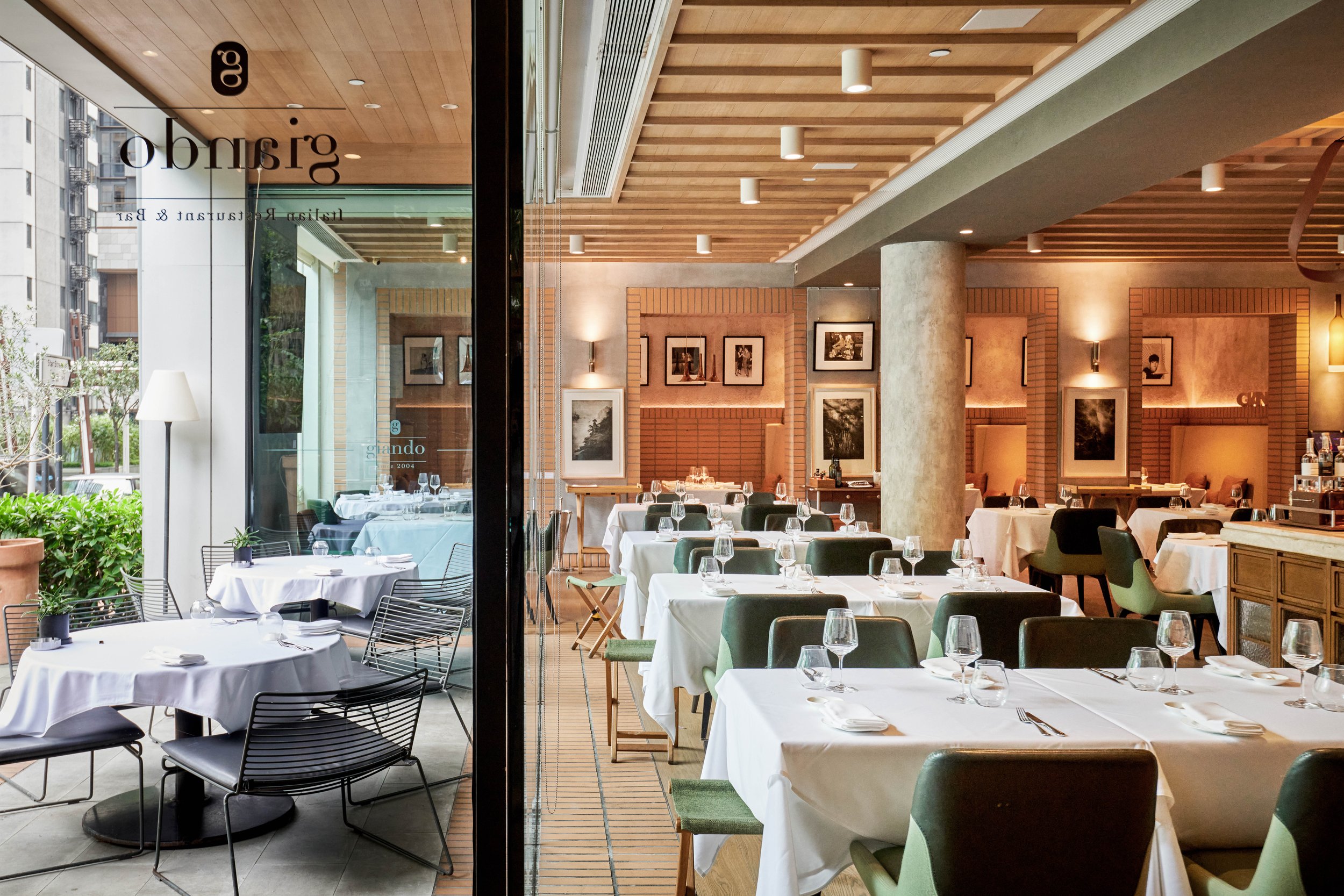 Main dining room and outdoor patio seating at Giando Italian restaurant.