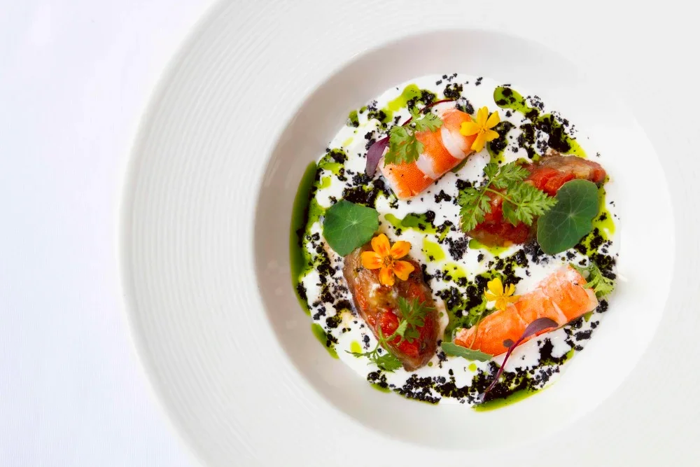 Gourmet shrimp appetizer beautifully plated with microgreens and green oil at Giando.