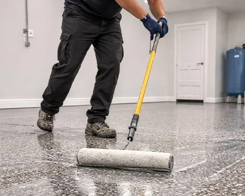 Person using a paint roller to apply a clear protective coating to a concrete floor in an indoor space.