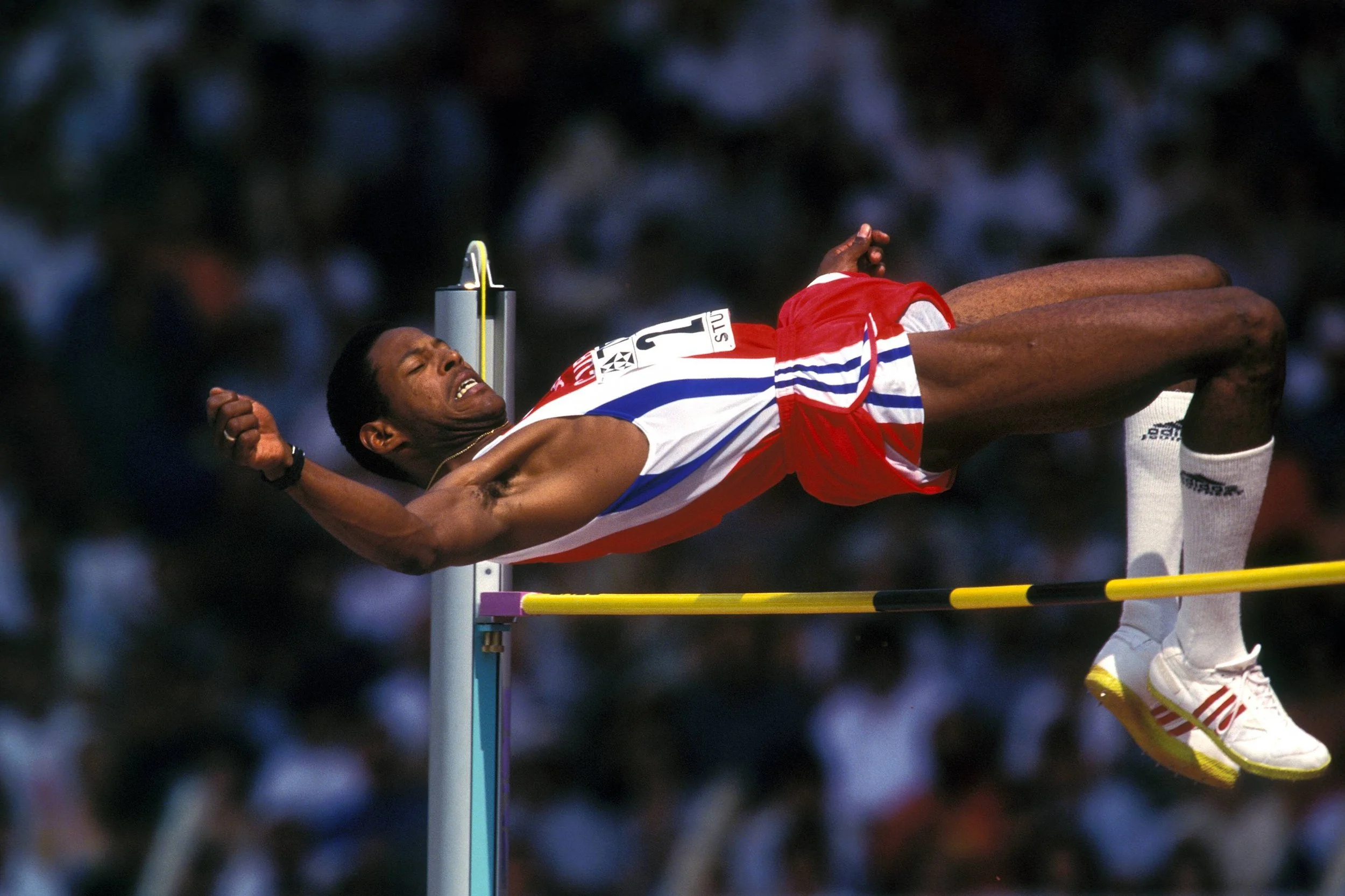 Javier Sotomayor competing in the high jump for Cuba at the 1993 World Championships in Stuttgart, Germany.