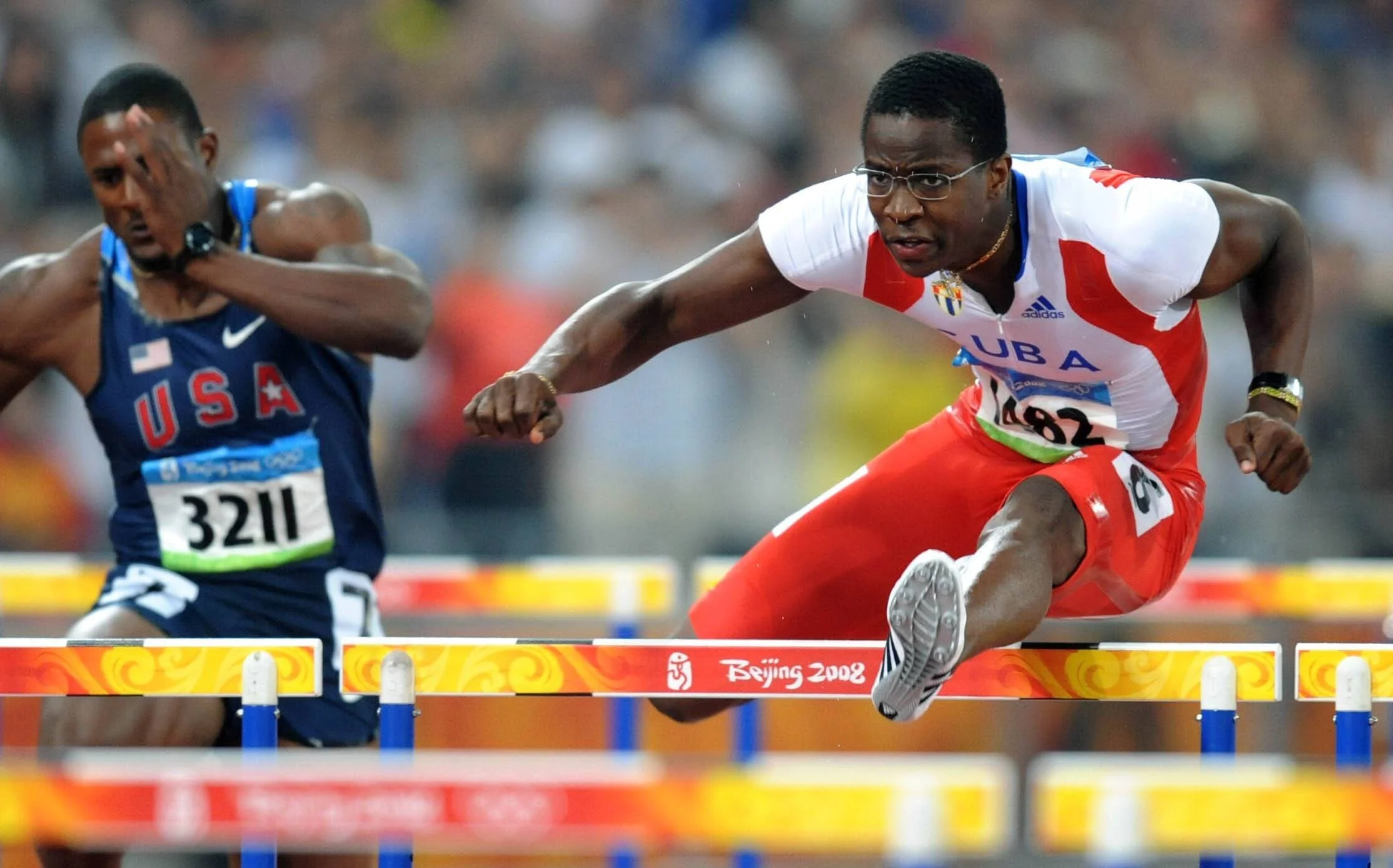 Dayron Robles competing in a heat of the 110 metre hurdles at the 2008 Beijing OLympics
