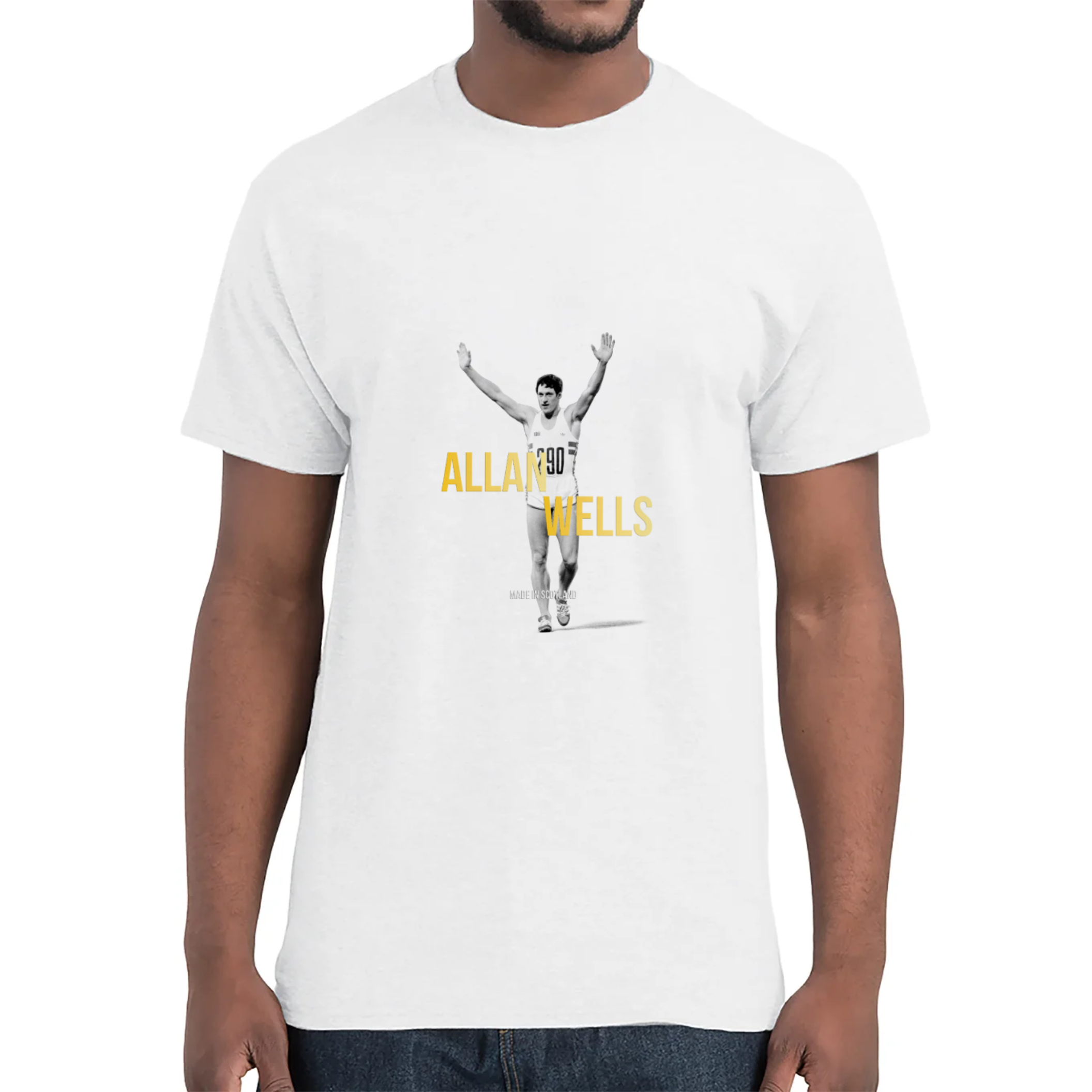 A person wearing a white T-shirt with a graphic of a male athlete raising his arms and the words 'ALLAN WELLS' printed in yellow.