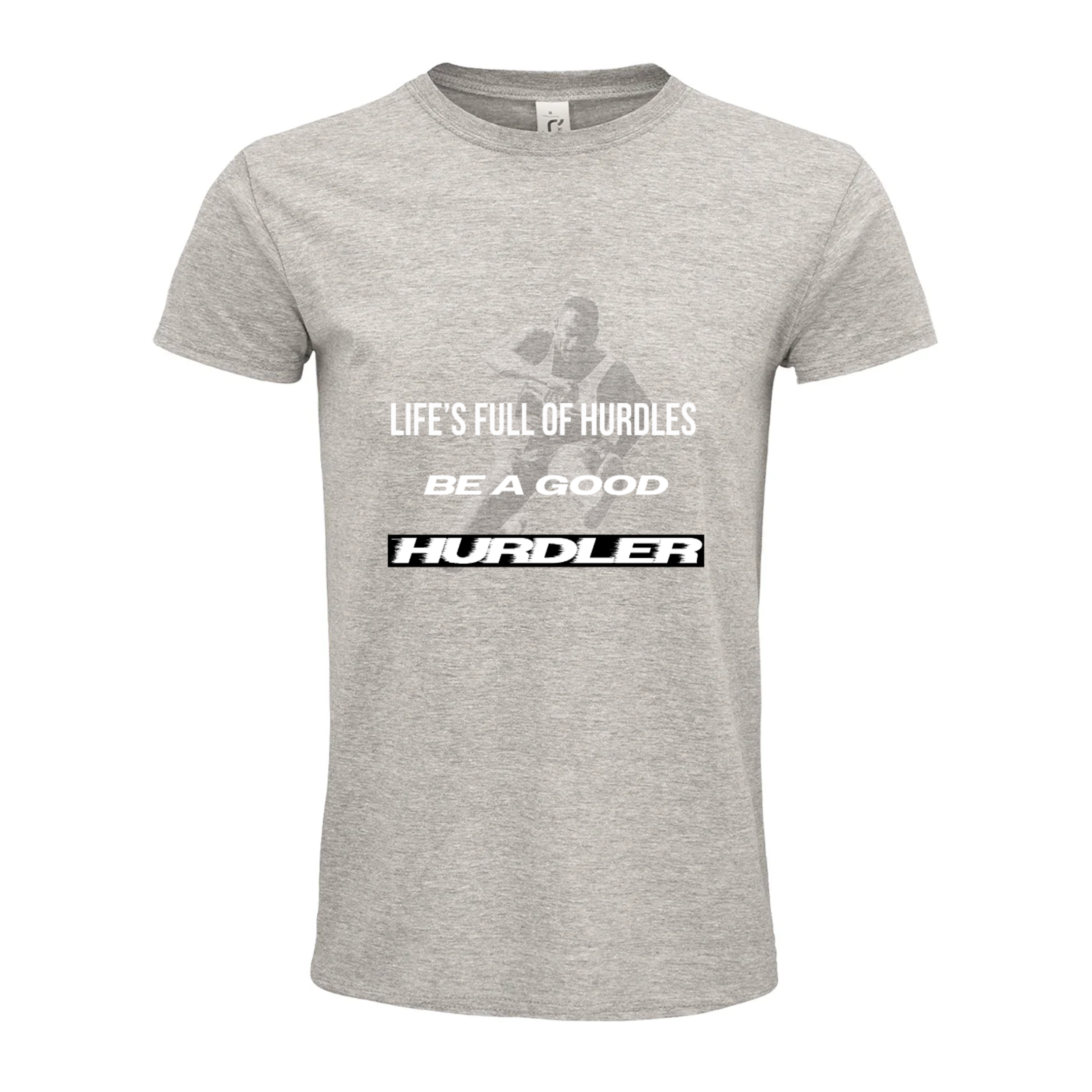Gray T-shirt with motivational quote and image of runner