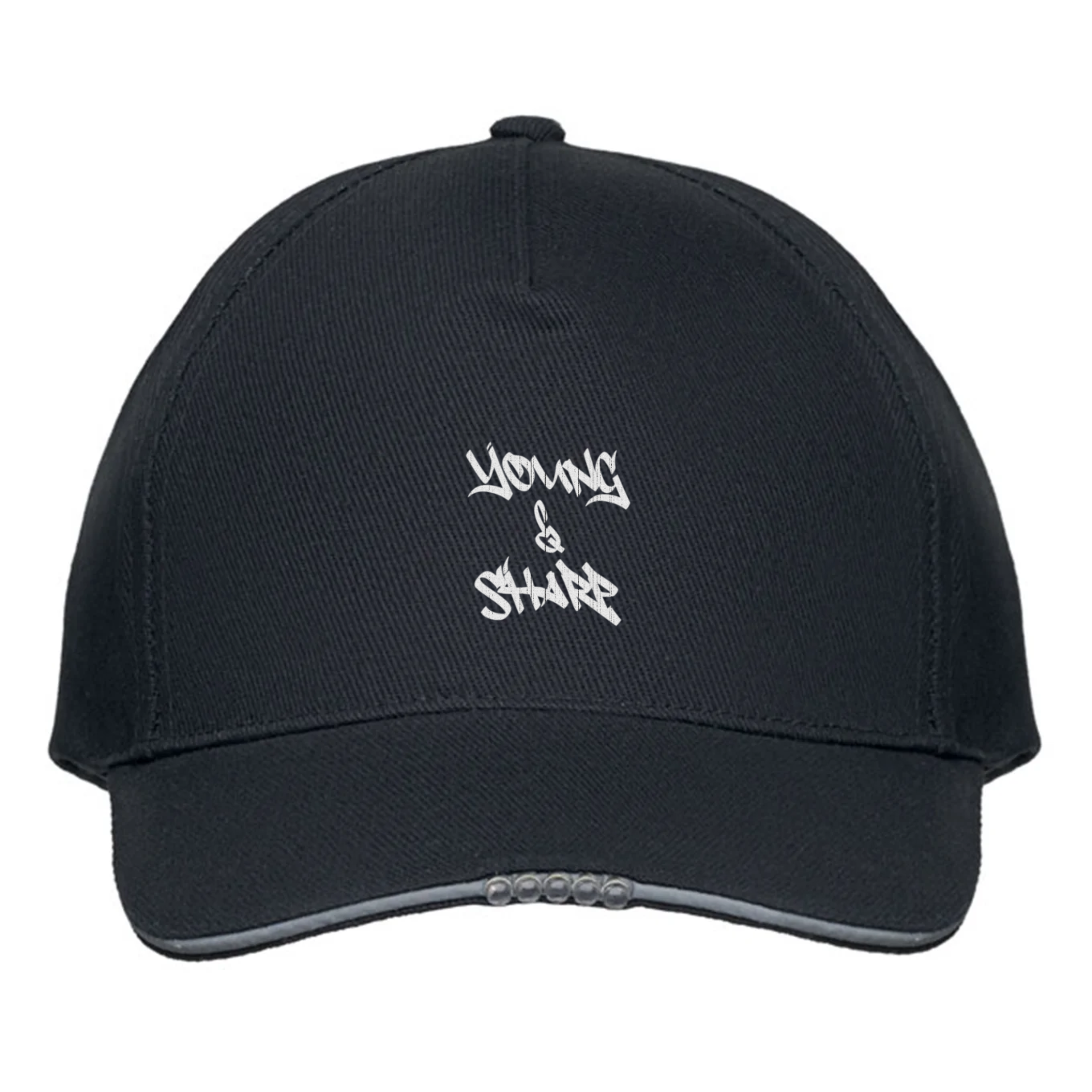 Black baseball cap with white graffiti-style text and a curved brim.