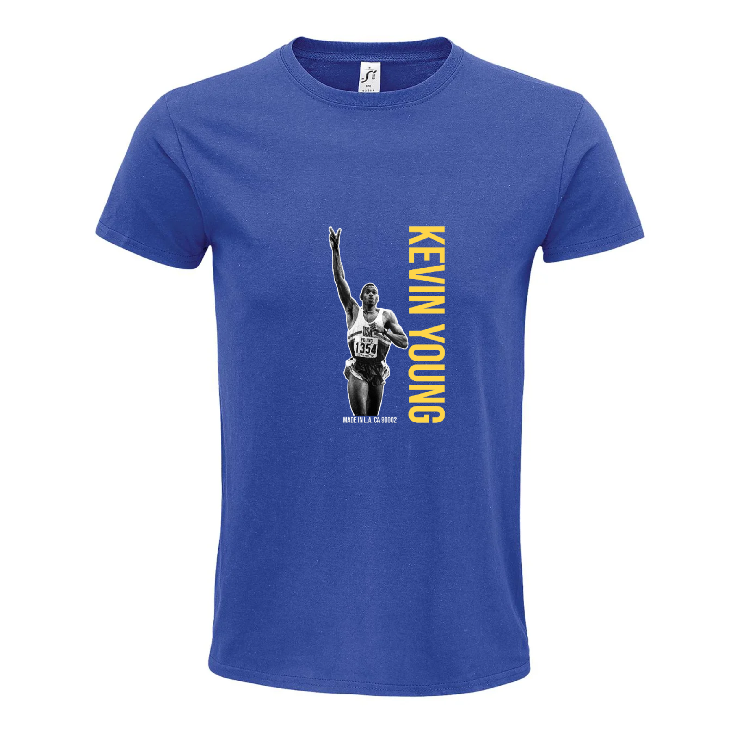 Blue T-shirt with graphic of a runner and yellow text reading 'Running You'.