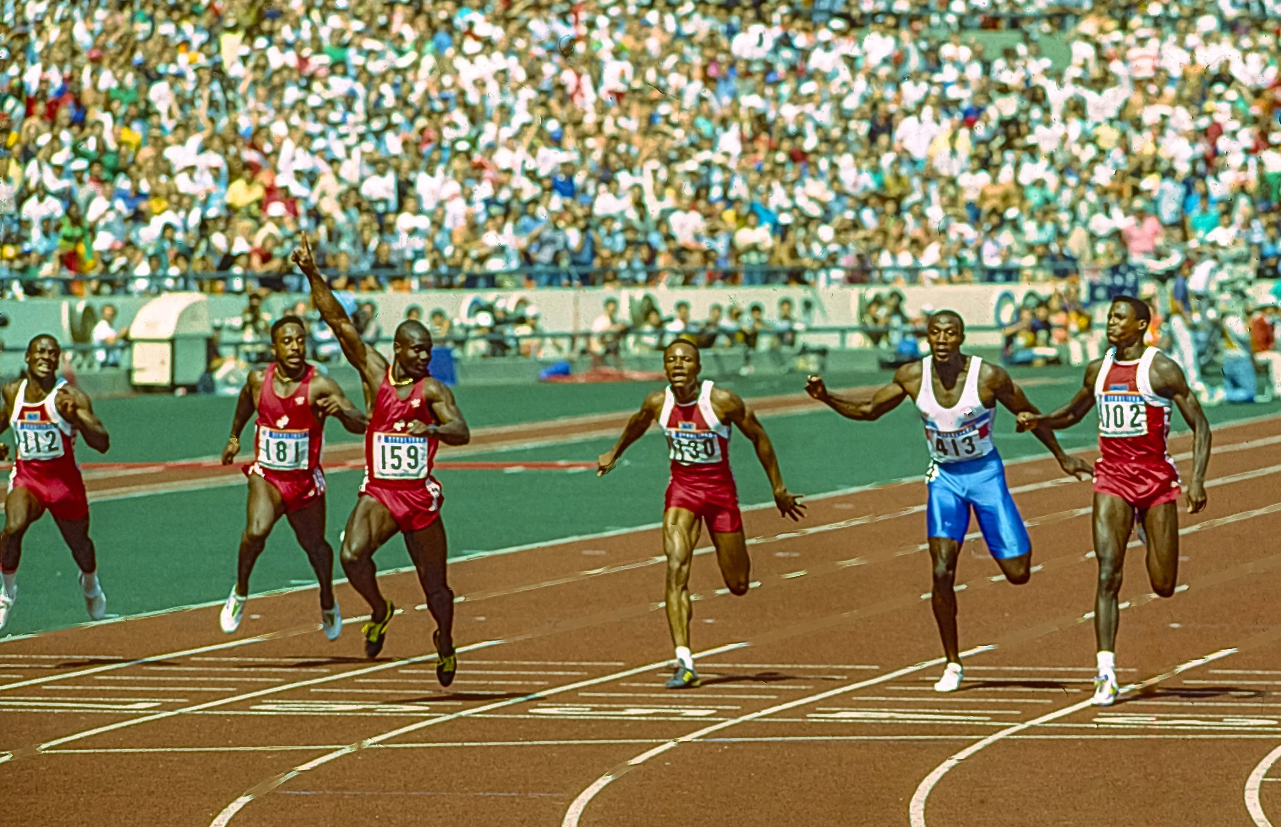 Ben Johnson, Calvin Smith, Linford Christie & Carl Lewis compete in the 100m final at Seoul Olympic Games 1988
