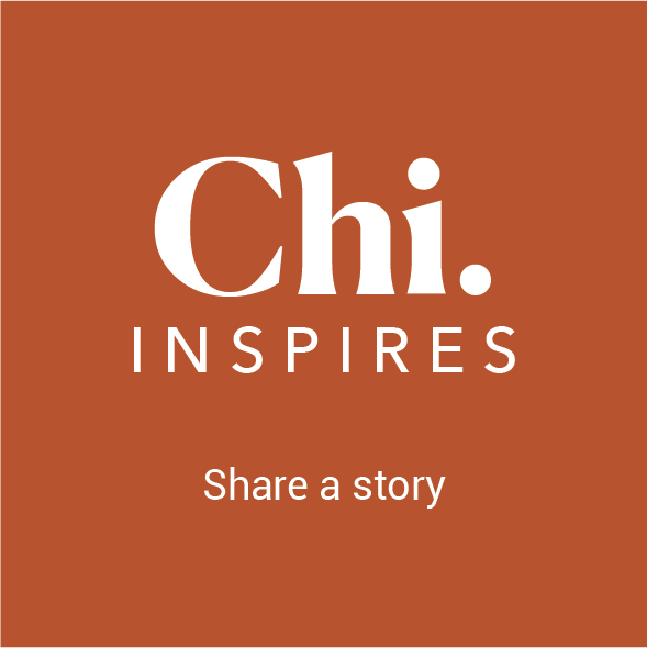Graphic with brown background, white text reading "Chi. INSPIRES Share a story."