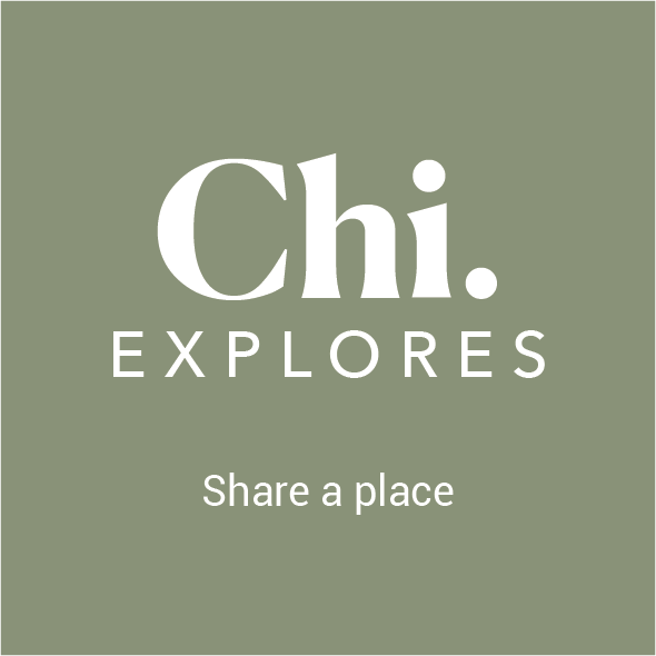Green background with white text saying 'Chi. EXPLORES Share a place'.