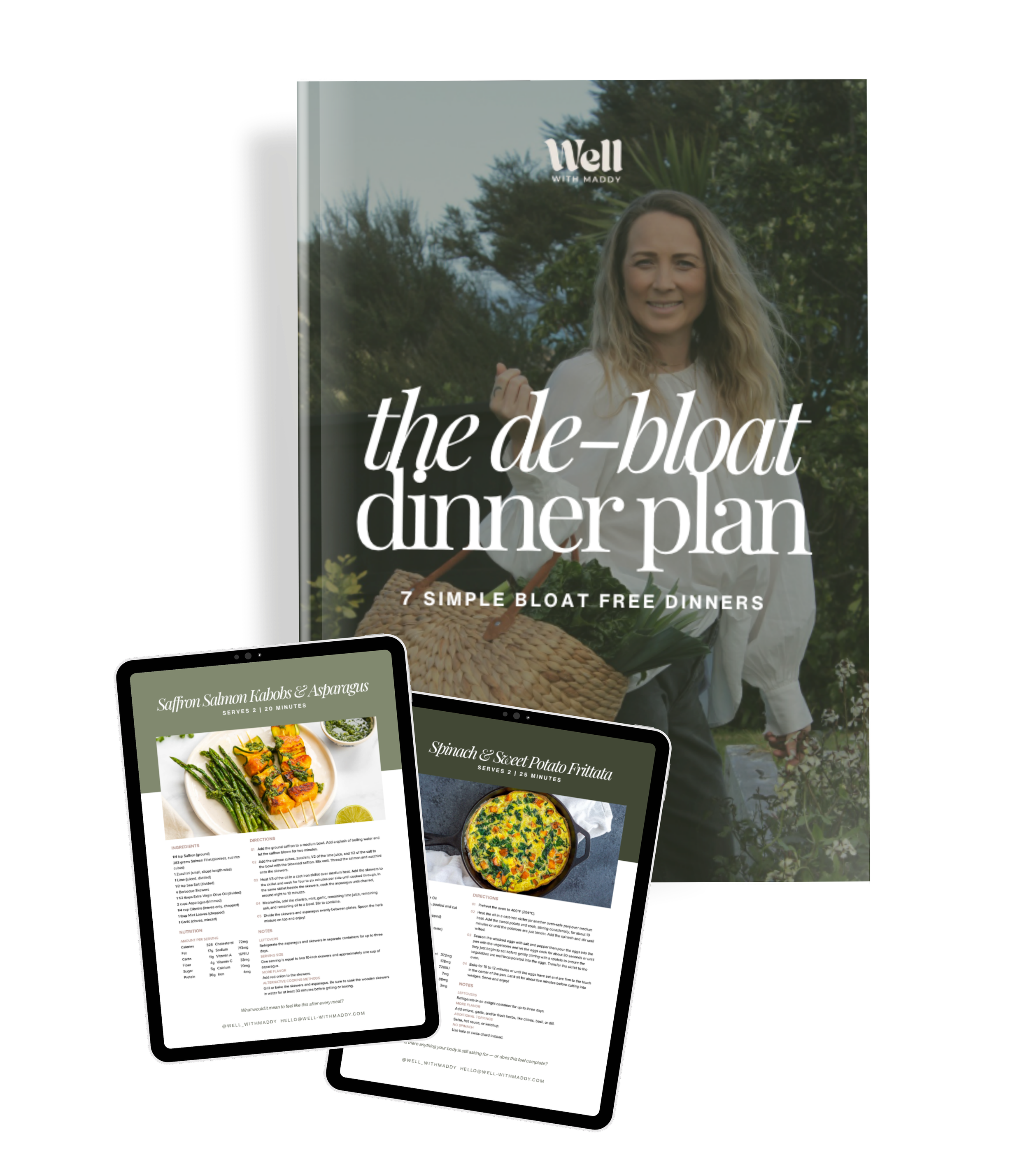 Book cover titled 'Well with Maddy: The De-Blat Dinner Plan' featuring a woman outdoors holding a basket, with images of prepared dishes and recipes.