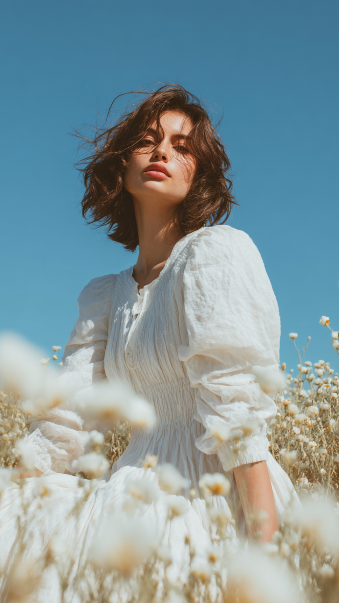 A woman with curly brown hair and light skin wearing a white dress, sitting in a field of white flowers under a clear blue sky.