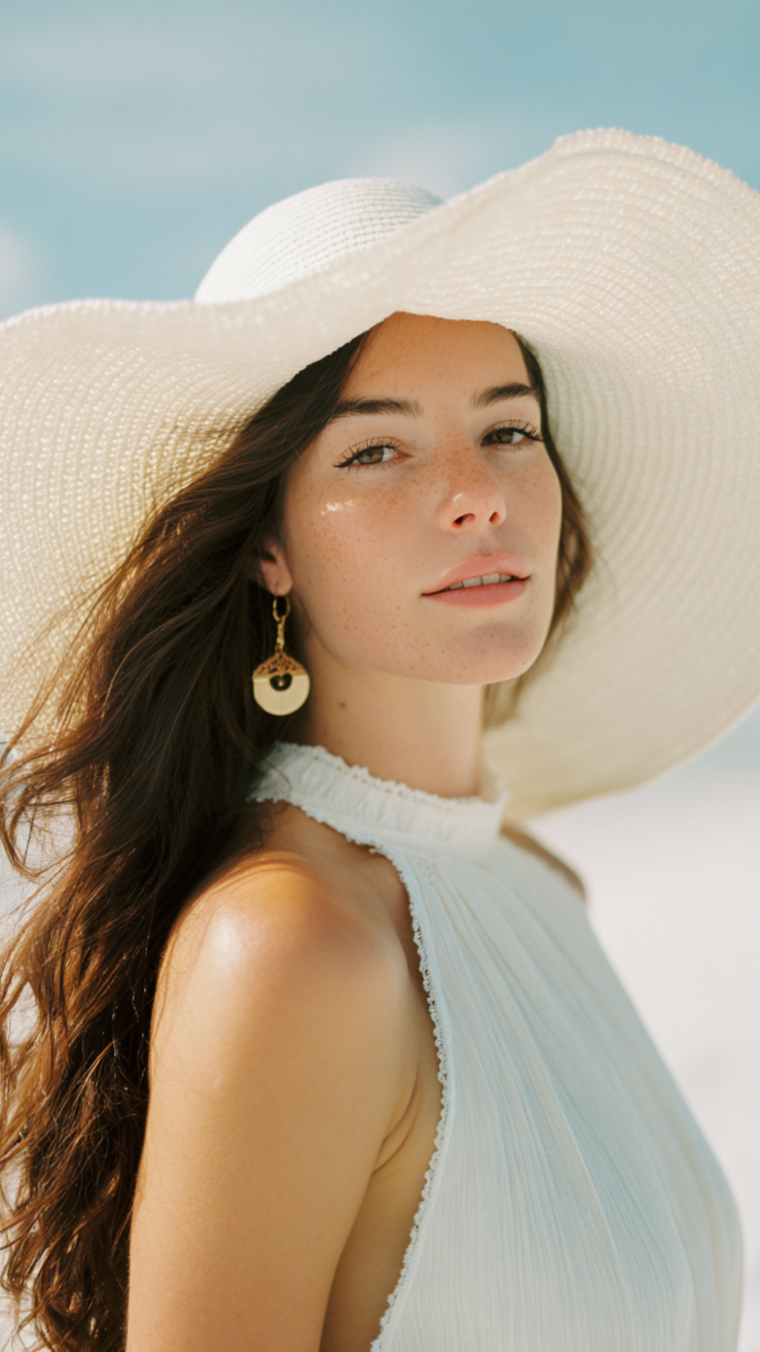Young woman wearing a large white straw sun hat, white sleeveless top, and gold earring, outdoors with blue sky background.