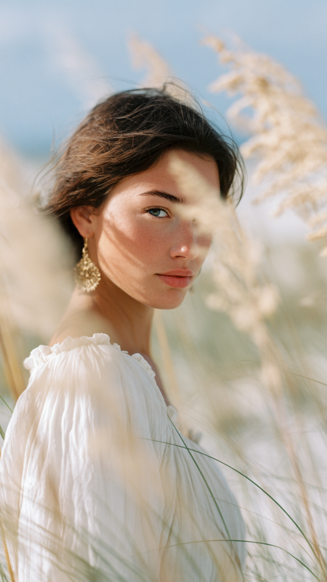 A woman with short dark hair and blue eyes wearing a white blouse and large gold earrings, standing in a field with tall, beige grasses and blue sky.