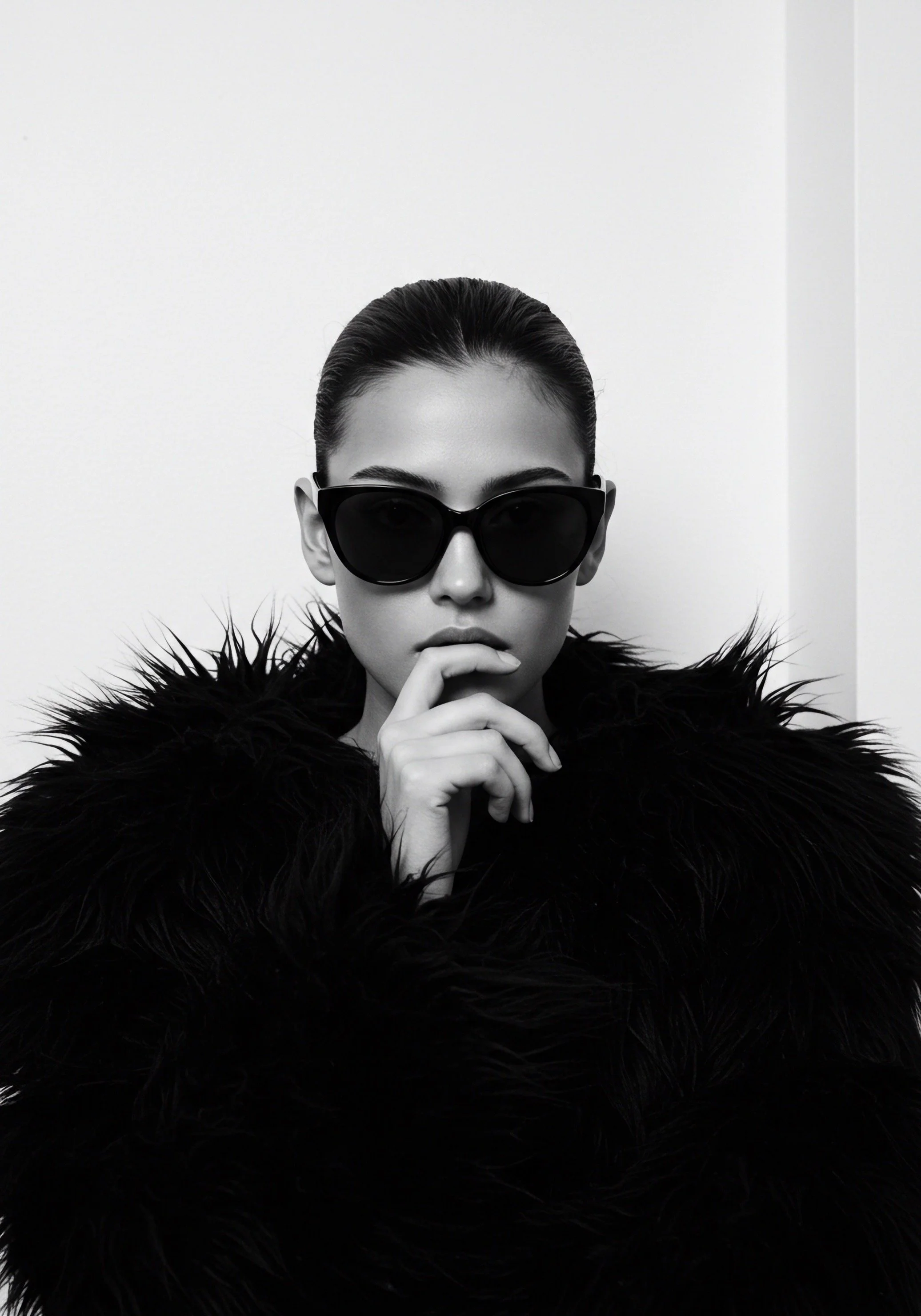 A woman with dark hair slicked back, wearing large black sunglasses and a black feathered coat or shawl, posing against a plain background.