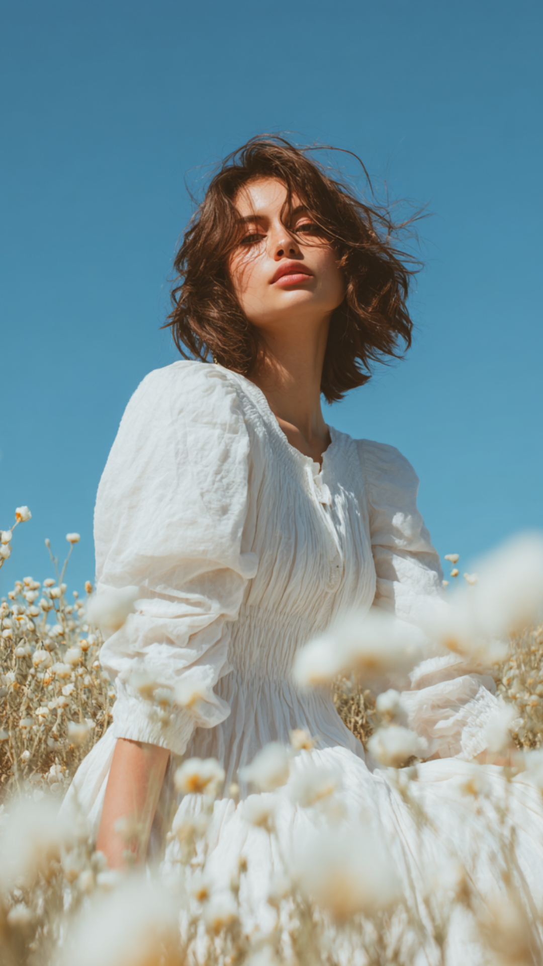 A young woman with brown hair and light skin wearing a white dress, sitting amid a field of white flowers under a clear blue sky.