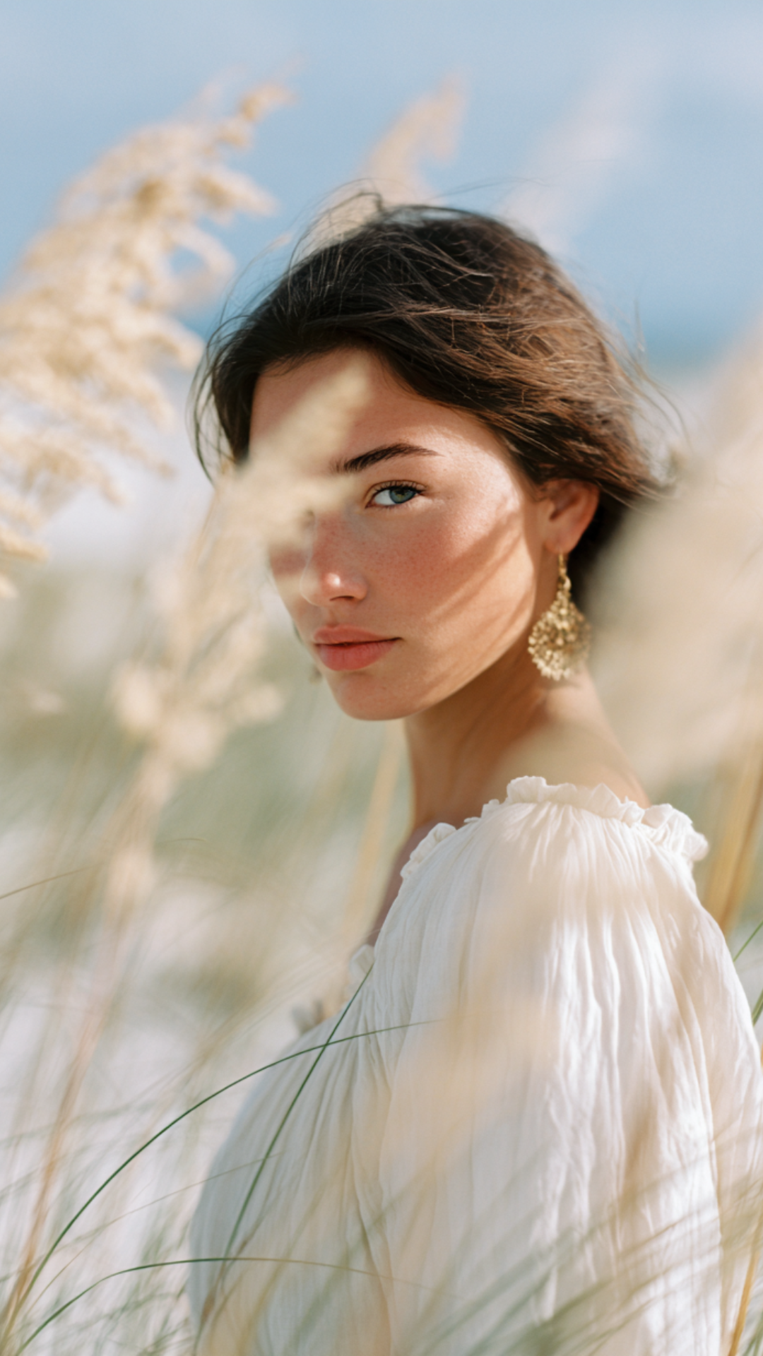 A woman with short dark hair and blue eyes stands among tall beige grass. She is wearing a white blouse with ruffled sleeves and large gold earrings. The background shows a blue sky.