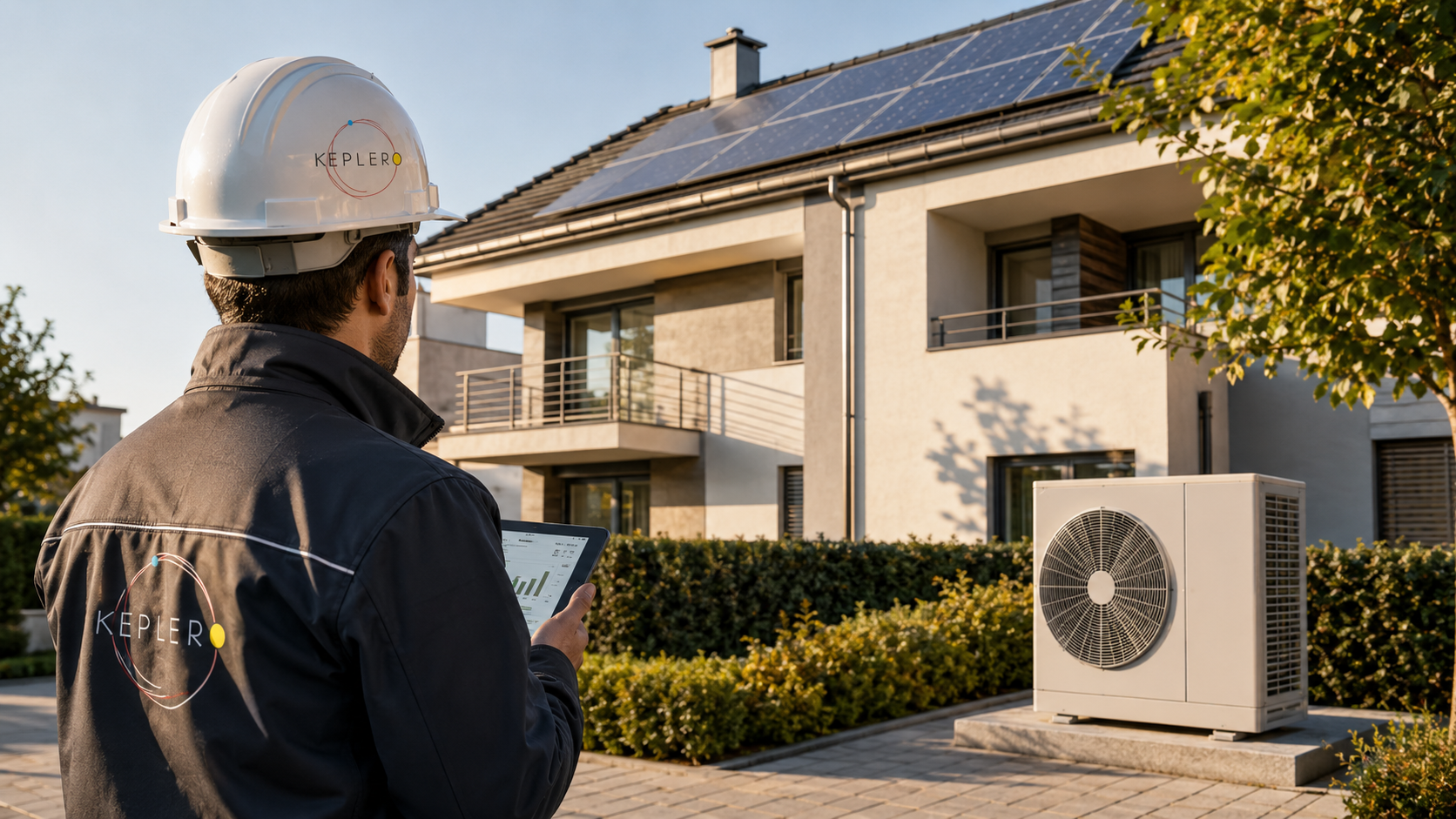 Tecnico con casco e giacca con logo "Kepler" controlla un dispositivo digitale davanti a una casa moderna con pannelli solari sul tetto, aria condizionata esterna e alberi in giardino.