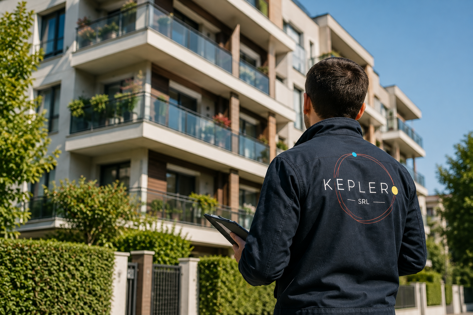 Uomo con giacca con il logo 'KEPLER SRL' che tiene un tablet davanti a un edificio residenziale moderno con balconi, piante e un cancello.