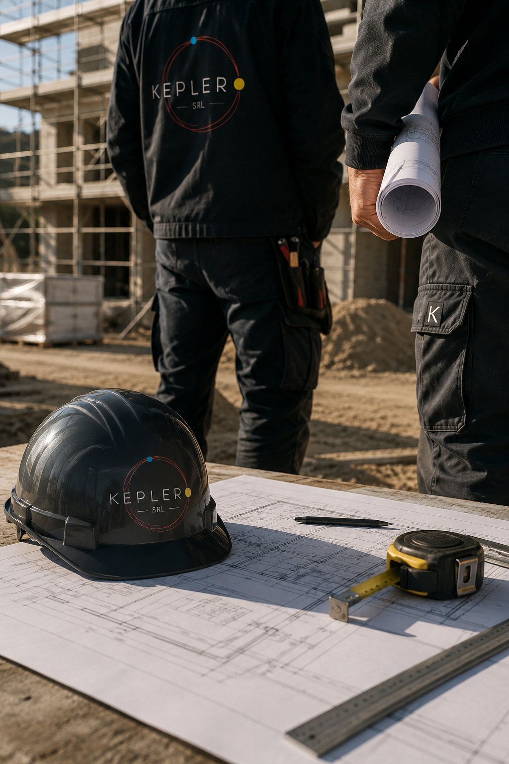 Cascina in costruzione con due operai che discutono, uno tiene un rotolo di piani e un altro ha un tablet, con casco e strumenti da lavoro sul tavolo.