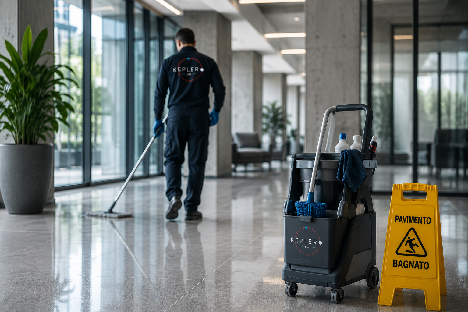 Una persona con divisa che effettua le pulizie in un edificio moderno con pareti di vetro. Sul pavimento si vede un secchio con attrezzi per la pulizia e un cartello giallo con scritto "Pavimento Bagnato".