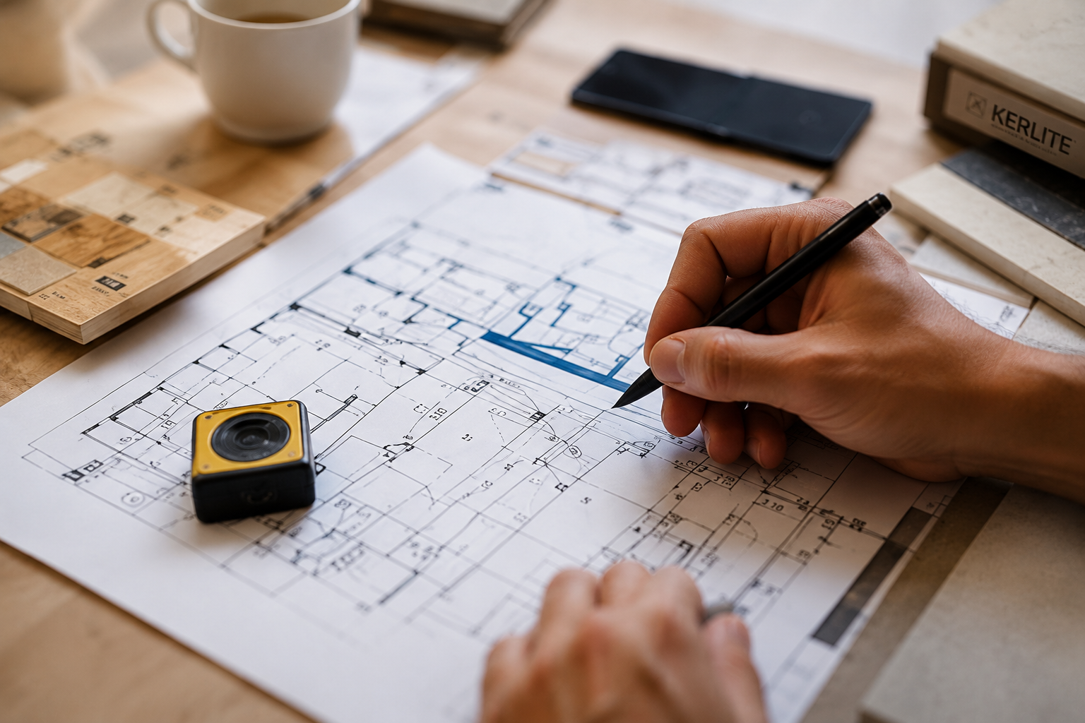Progetto architettonico con pianificazione degli interni su carta, con strumenti di progettazione e campionari di materiali sul tavolo.