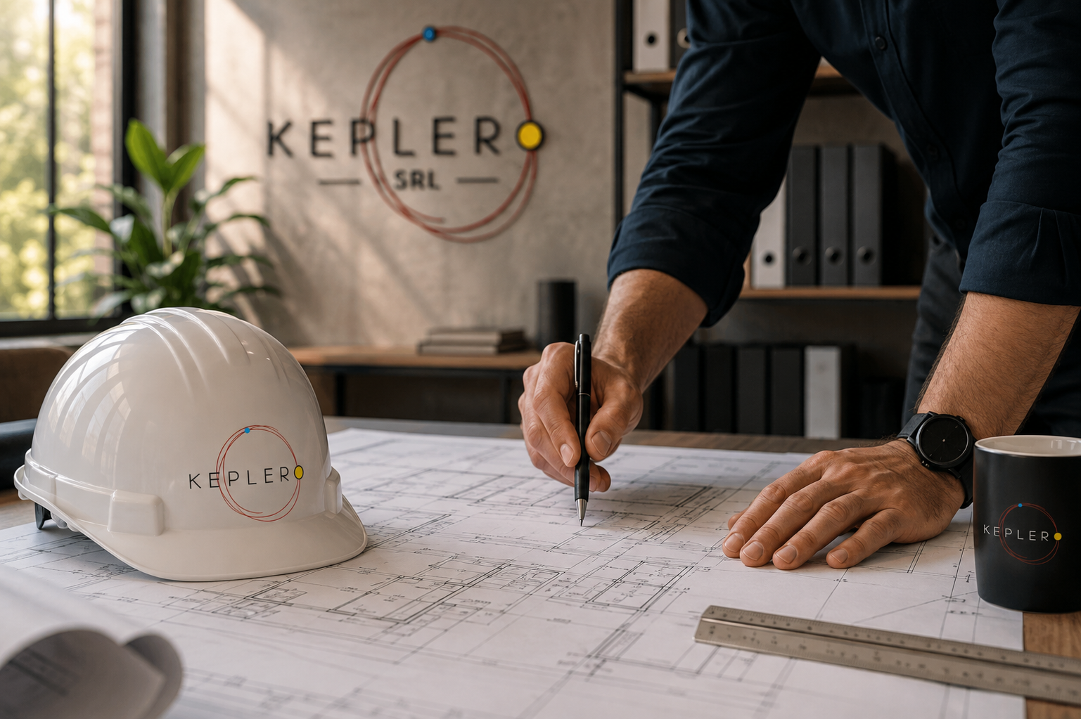 Una persona che lavora su un progetto di architettura o ingegneria, con un casco bianco con il logo Kepler, sistemato su una tavola con disegni tecnici, in un ufficio con finestra e librerie.