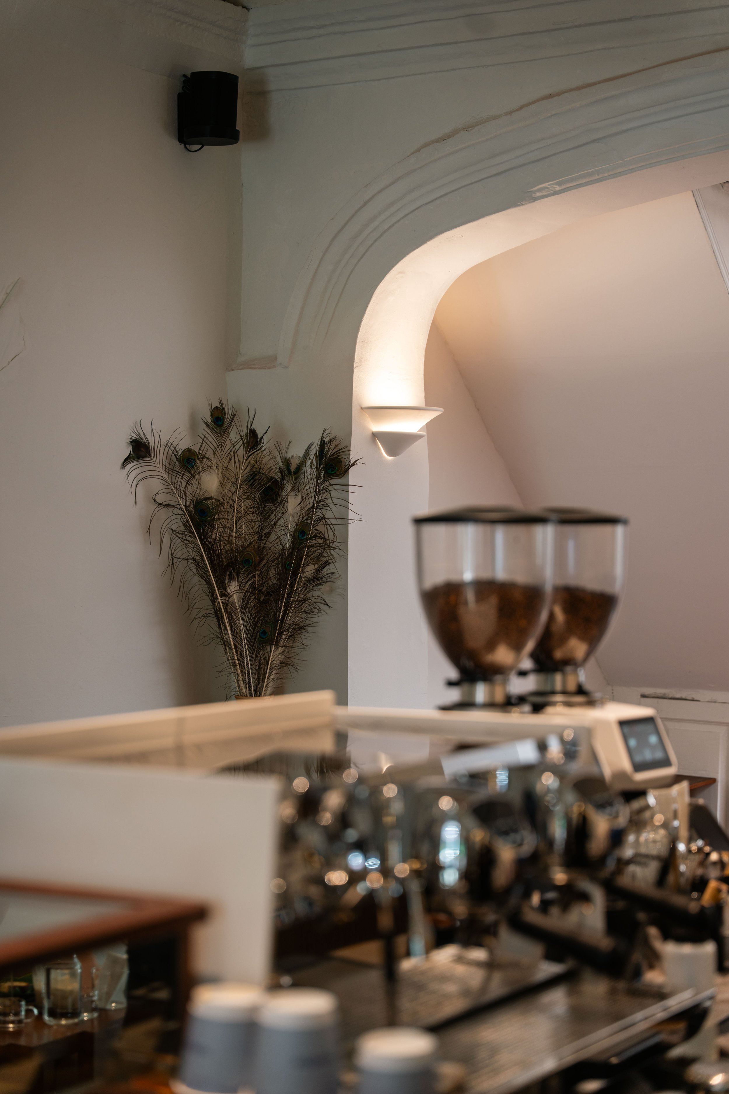 Close-up of a modern coffee machine on a counter with coffee beans in a small glass container in the foreground, a bundle of peacock feathers, a curved wall with a decorative light, and part of a white kitchen in the background.