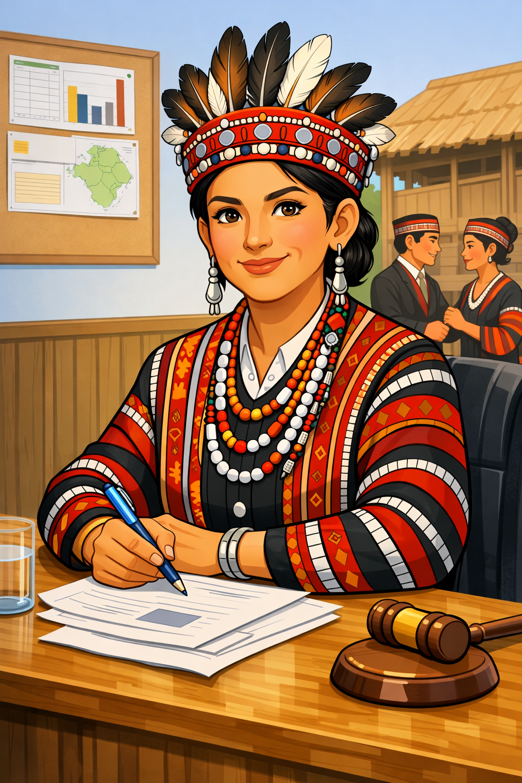 Illustration of a woman dressed in traditional indigenous attire, sitting at a desk with documents, holding a pen, with a gavel on the desk, in a courtroom setting. In the background, a man and woman in similar traditional clothing are shaking hands inside a wooden building.