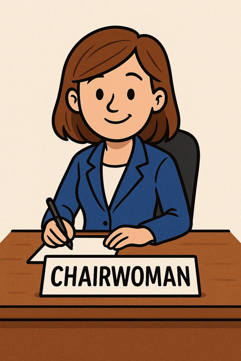 Cartoon woman sitting at desk with a sign that reads 'Chairwoman', writing with a pen.