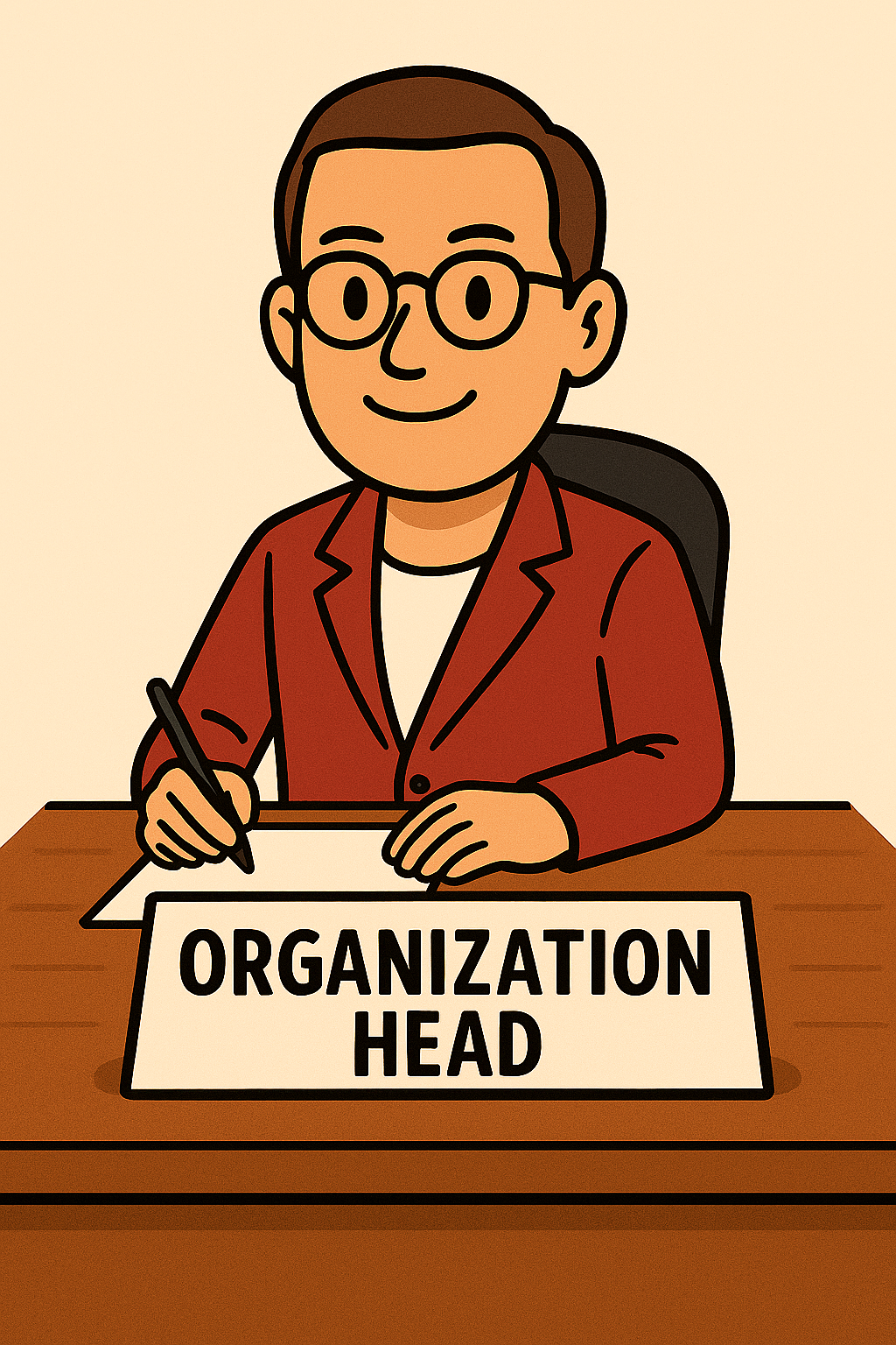 Cartoon illustration of an organization head sitting at a desk, holding a pen, with a sign on the desk that reads 'ORGANIZATION HEAD'.