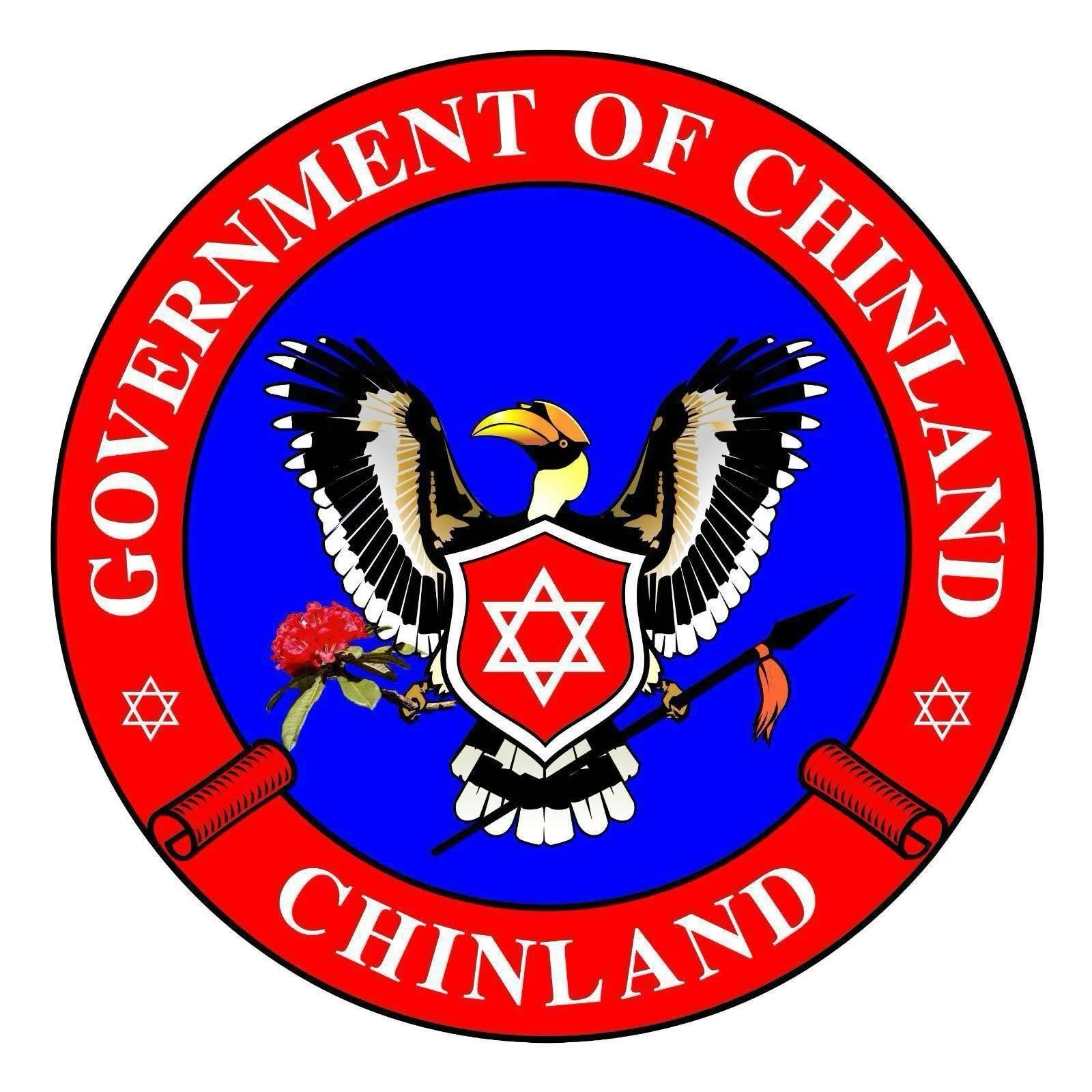 Seal of the Government of Chul Land in China, featuring a bird with a black and white body, yellow beak, holding a flower and scroll, surrounded by a red circle with white text, and a blue background